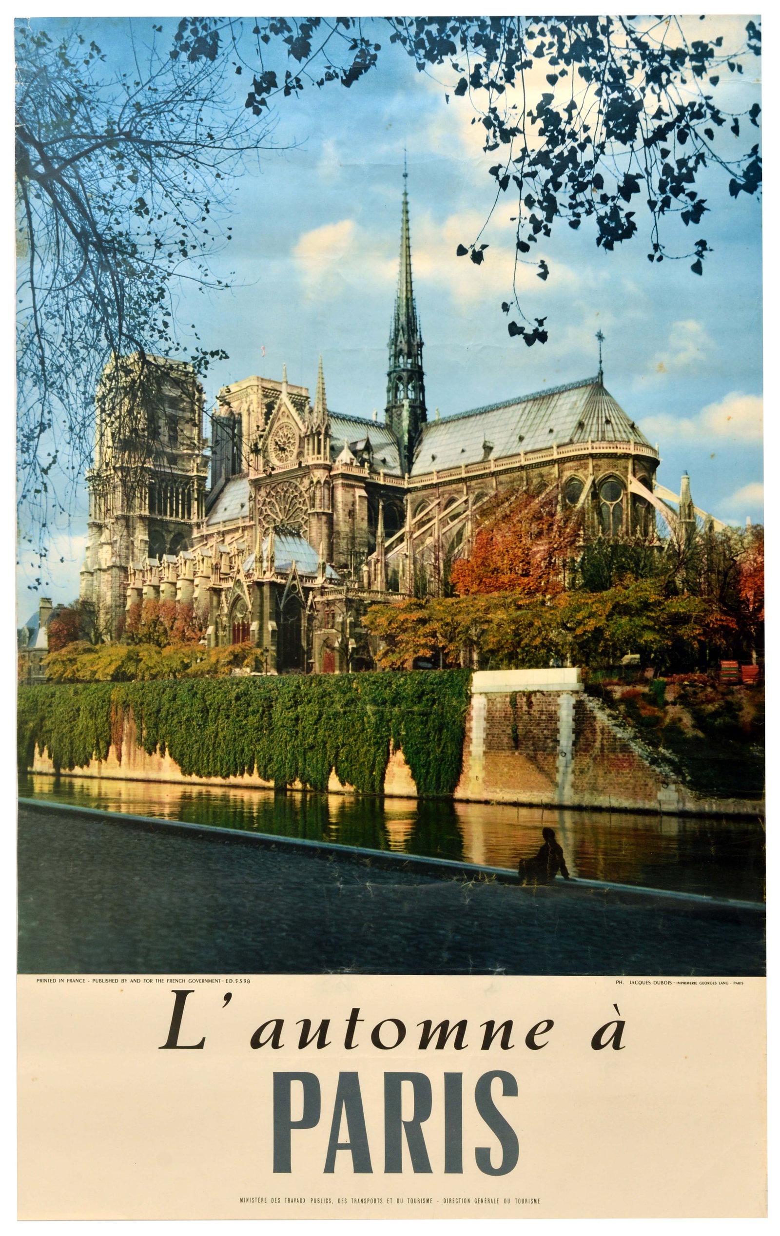 Travel Poster Autumn in Paris Notre Dame Cathedral Francee: Original vintage travel poster - L'automne a Paris / Autumn in Paris, featuring photography by Jacques Dubois (1912-1994), depicting a view across the river Seine towards the medieval architecture of 