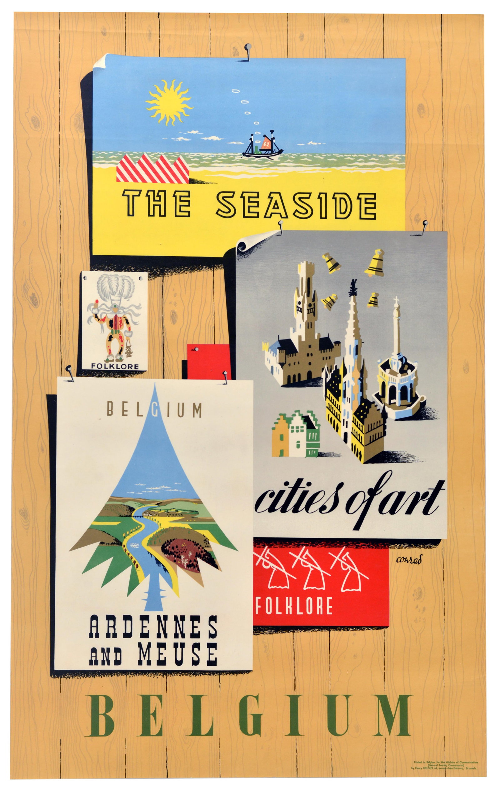 Travel Poster Belgium Seaside Ardennes Meuse Folklore: Original vintage mid-century travel poster for Belgium, featuring a series of colourful travel brochures and postcards pinned to a wood panel background, including a sun-drenched beach layout titled T