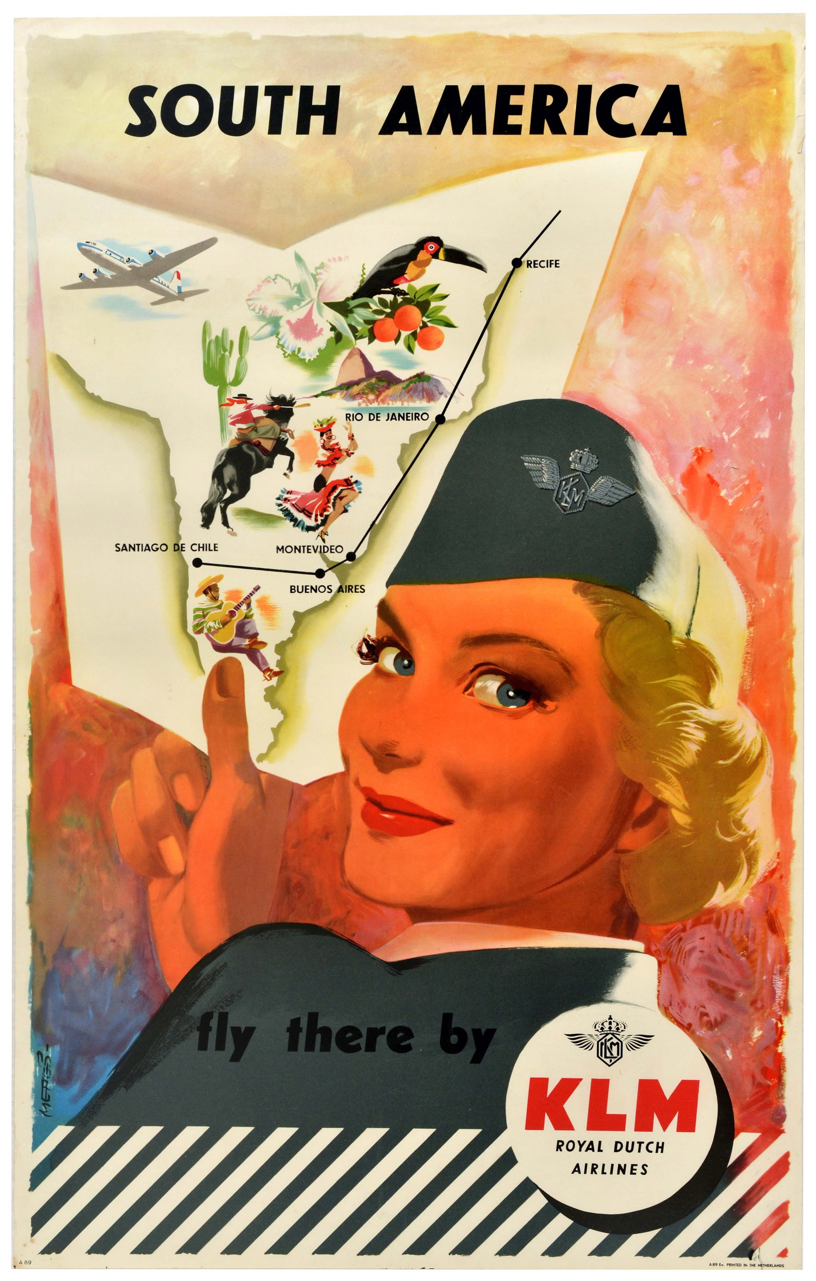 Travel Poster South America KLM Royal Dutch Airlines Frans Mettes: Original vintage travel advertising poster - South America Fly There by KLM Royal Dutch Airlines, featuring an artwork by the Dutch designer Frans Mettes (1909-1984), depicting a smiling flight attend