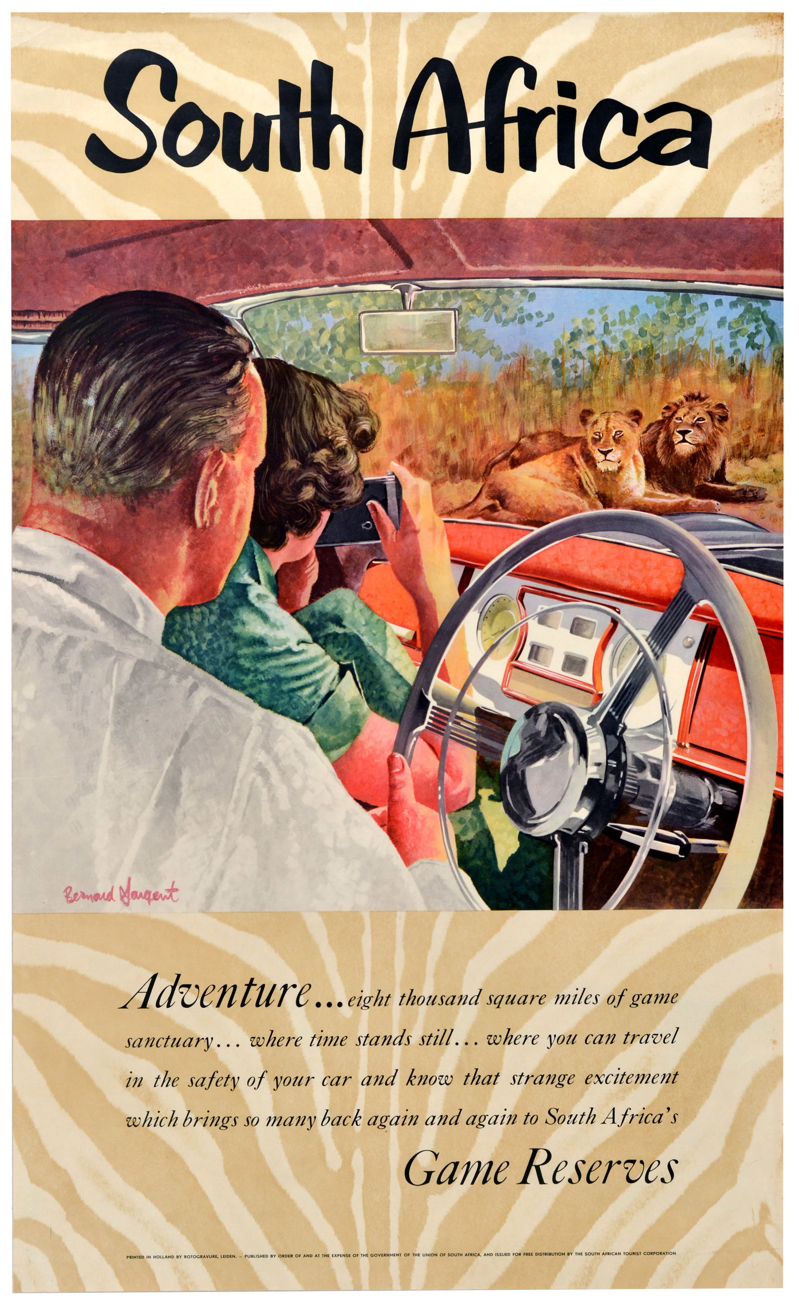 Travel Poster South Africa Game Reserve Adventure Lion: Original vintage African travel poster advertising travel to South Africa, featuring a view from inside a car with a couple watching a lion and lioness resting in the brush. The text on a zebra print 