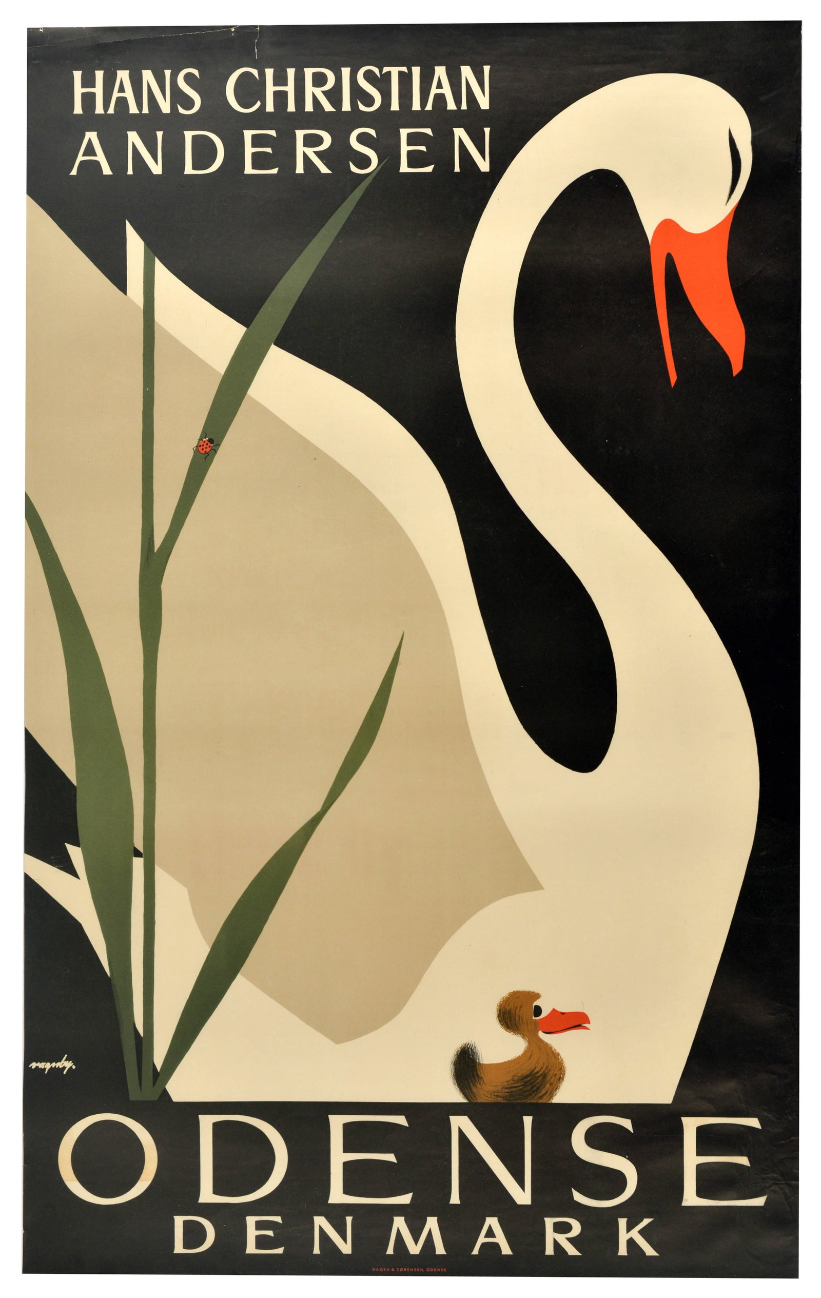 Travel Poster Odense Denmark Duckling Swan Hans Christian Andersen: Original vintage travel poster promoting the city of Odense, the birthplace of the legendary author Hans Christian Andersen, designed by the Danish cartoonist and artist Viggo Vagnby (1896-1966). The 