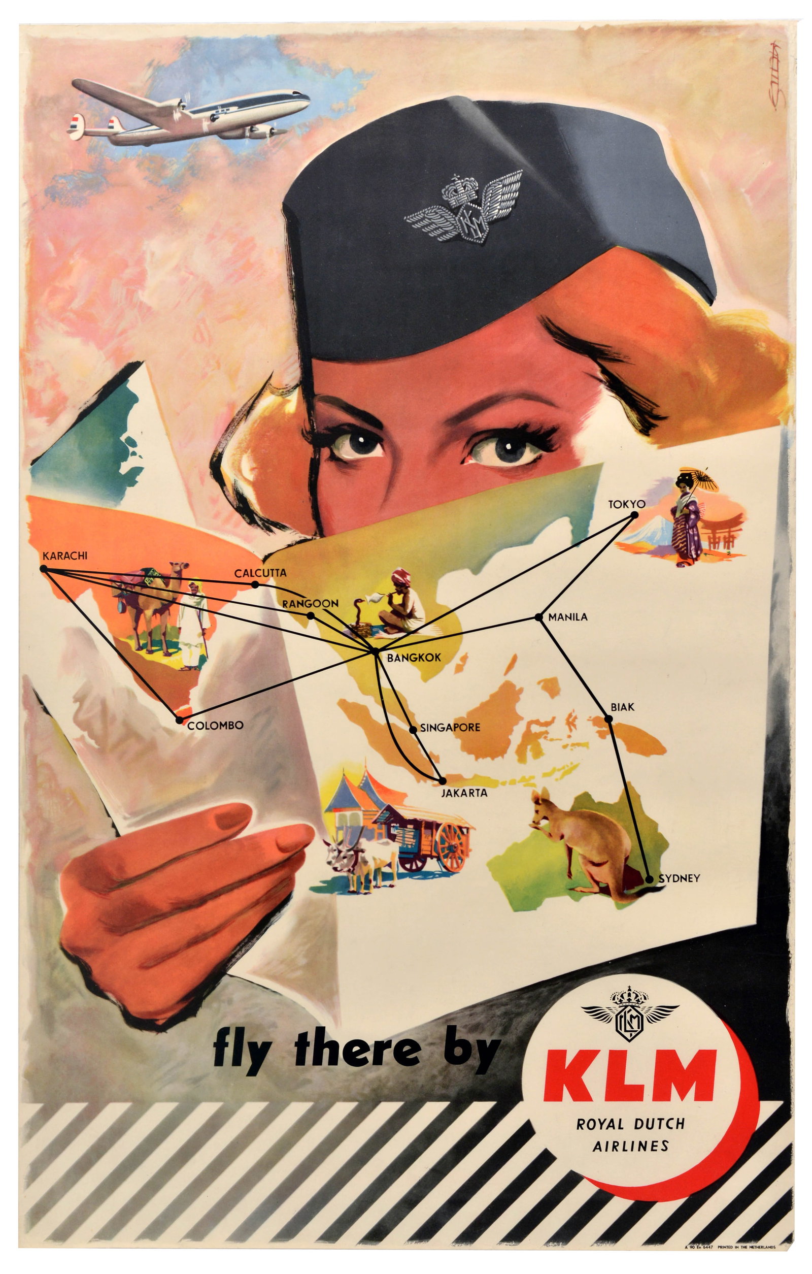 Travel Poster Fly There By KLM Royal Dutch Airlines: Original vintage Asia, Australia and Oceania travel poster - Fly There by KLM Royal Dutch Airlines, featuring a design by the Dutch artist Frans Mettes (1909-1984), depicting a flight attendant in a d