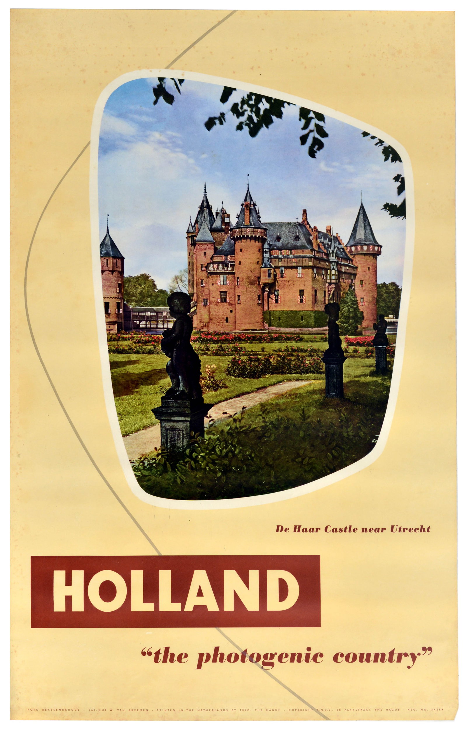 Travel Poster Holland De Haar Castle Utrecht: Original vintage travel poster - Holland "the photogenic country" - featuring a photograph of De Haar Castle near Utrecht with the stone turrets and spires of the historic Gothic Revival architecture 