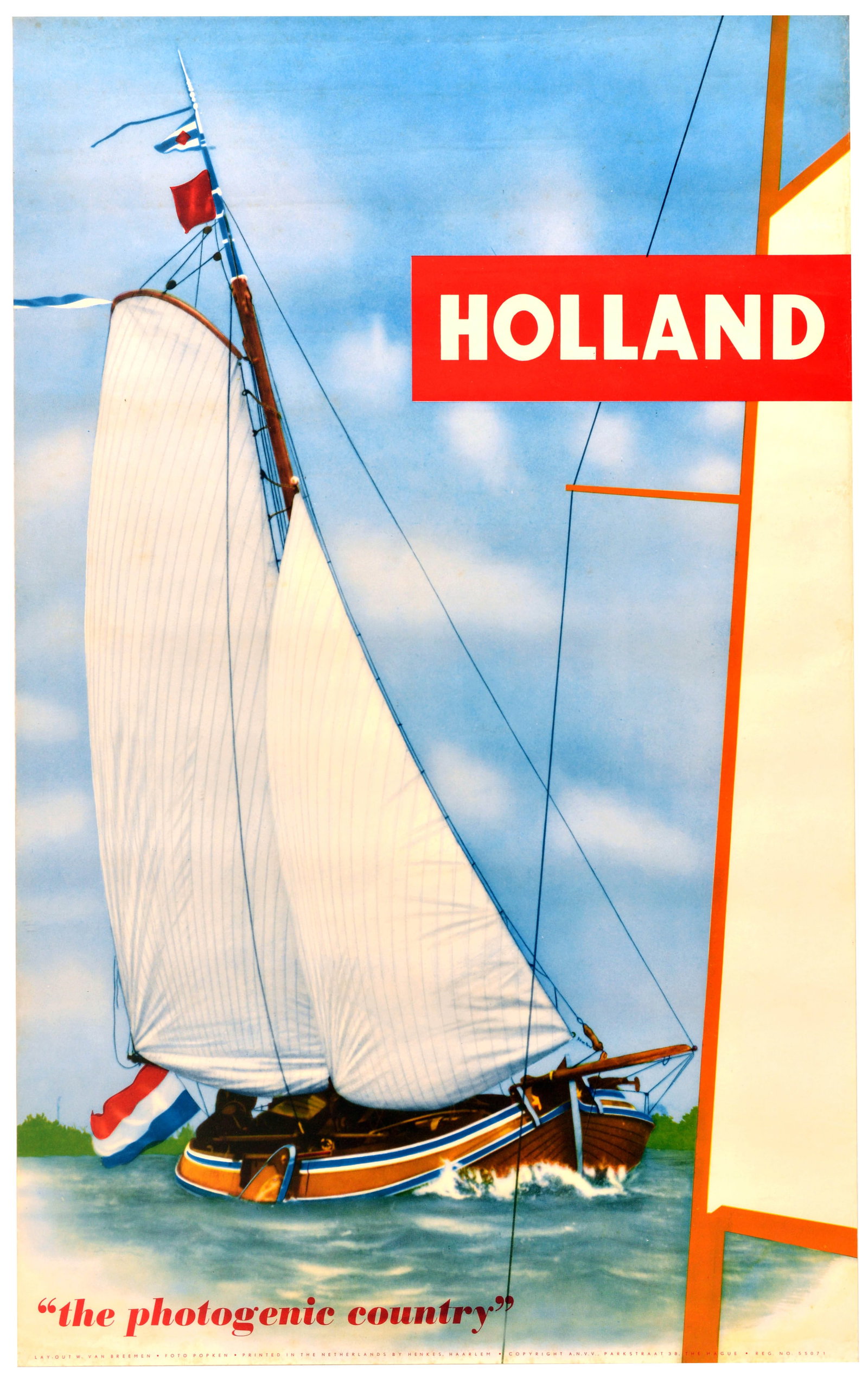 Travel Poster Holland Dutch Sailboat Photogenic Country: Original vintage travel poster - Holland "the photogenic country" - featuring a photograph of a traditional Dutch wooden sailboat cruising through green coastal waters, its white sails caught in the w