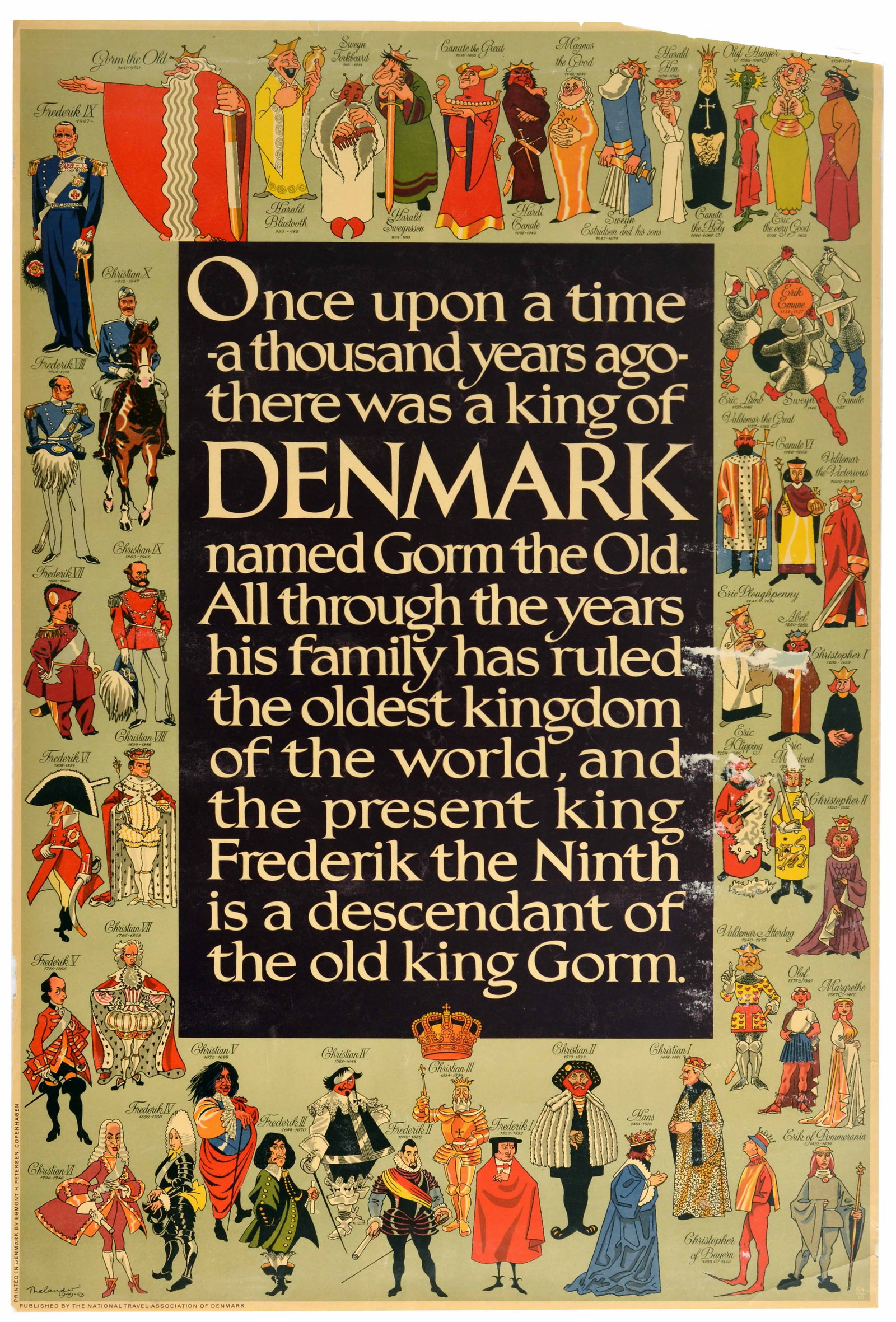 Travel Poster Denmark Kings Monarchy Henry Thelander: Original vintage travel poster for Denmark, featuring a design by the Danish illustrator Henry Thelander (1902-1986) tracing the lineage of the Danish monarchy, framed by a border of caricatured ruler