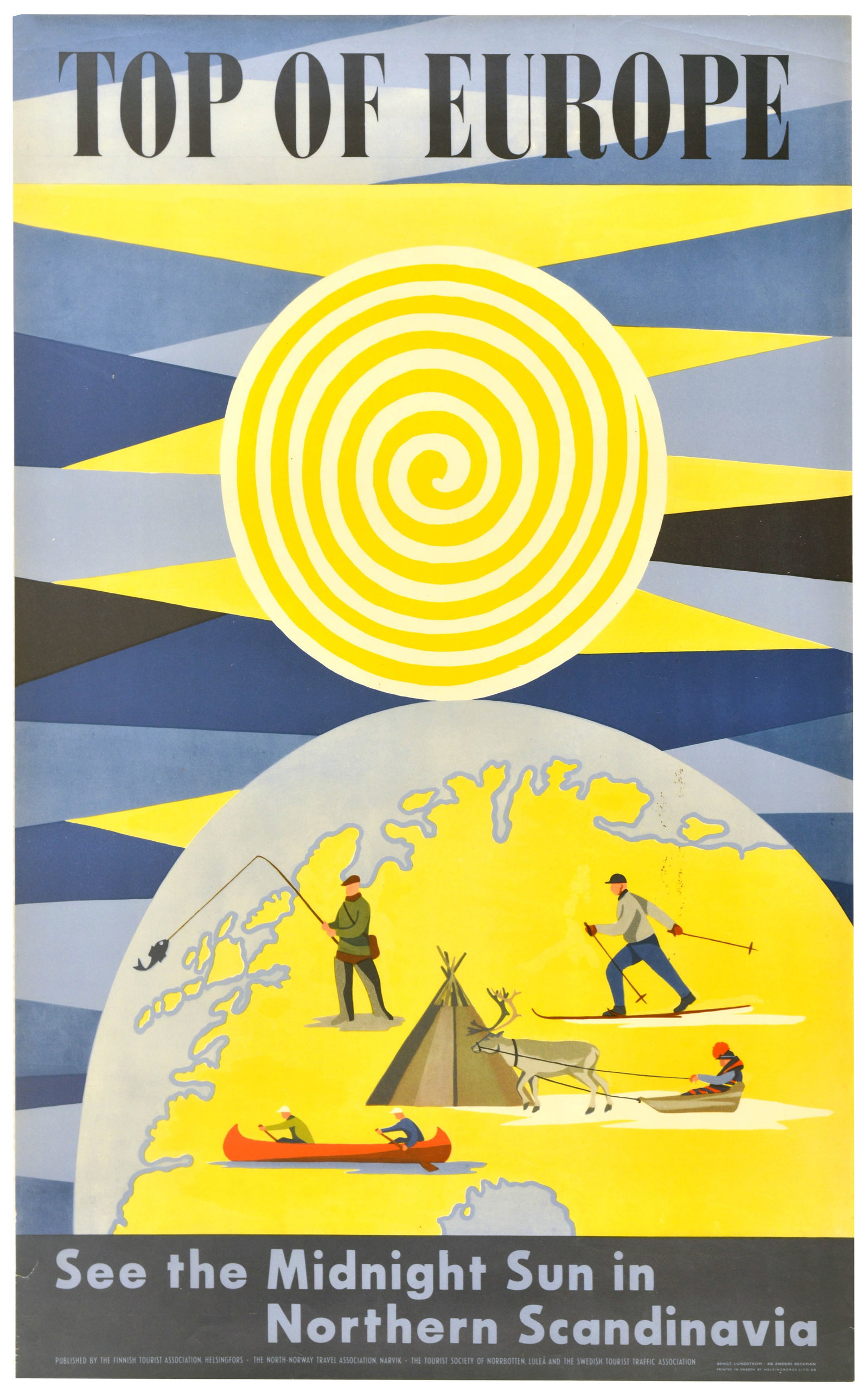 Travel Poster Midnight Sun Sweden Northern Scandinavia: Original vintage travel poster - Top of Europe - See the Midnight Sun in Northern Scandinavia, featuring a large sun with a spiral centre rising above a view of the globe, backdropped by radiating lig