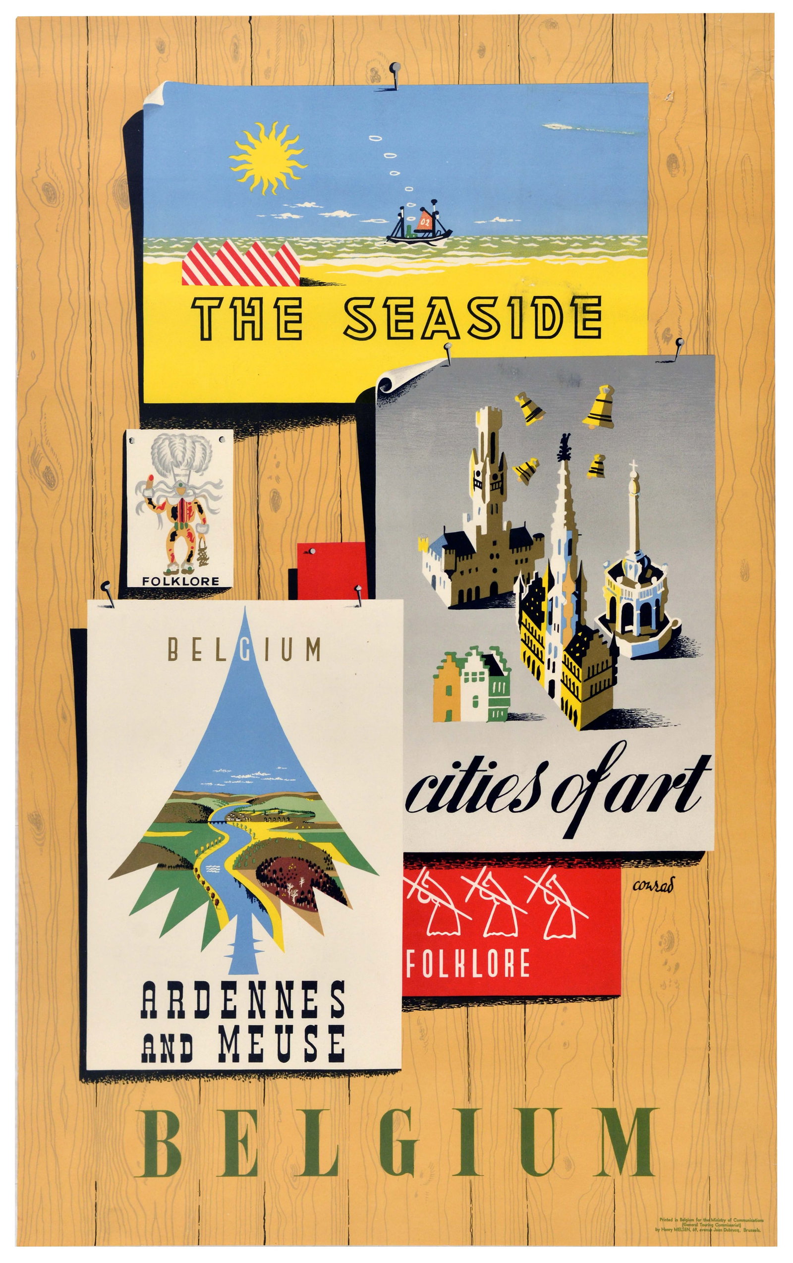Travel Poster Belgium Seaside Ardennes Meuse Folklore: Original vintage mid-century travel poster for Belgium, featuring a series of colourful travel brochures and postcards pinned to a wood panel background, including a sun-drenched beach layout titled T