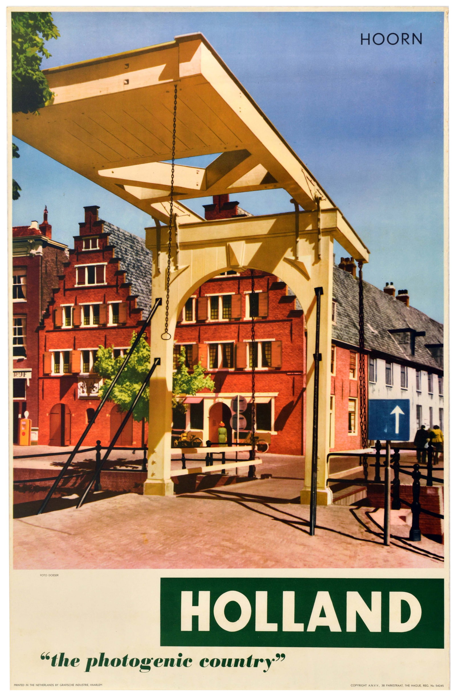 Travel Poster Holland Hoorn Photogenic Country Drawbridge: Original vintage travel poster for the city of Hoorn from the Holland "the photogenic country" series, featuring a traditional wooden drawbridge over a canal in the historic town centre of Hoorn, set 