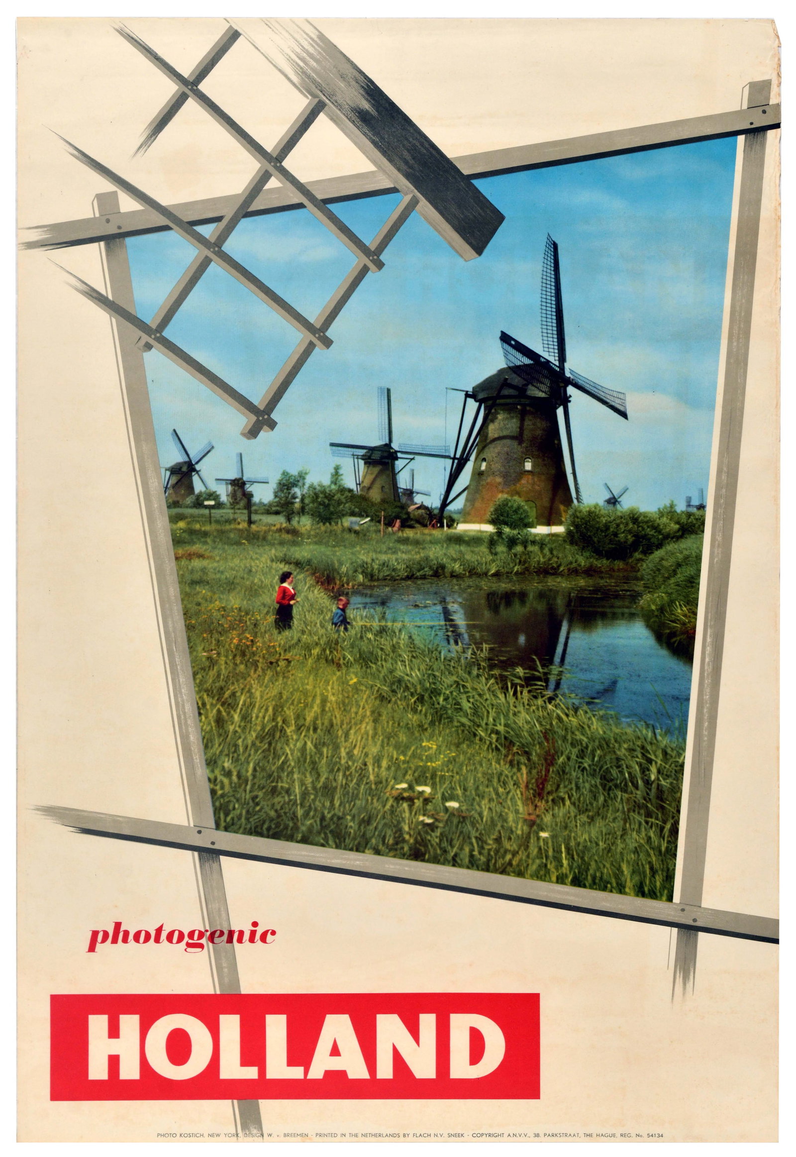 Travel Poster Photogenic Holland Windmills Netherlands: Original vintage travel poster titled 'photogenic Holland', featuring a photograph of an idyllic Dutch countryside view at Kinderdijk, featuring historic brick windmills standing along a calm water ca