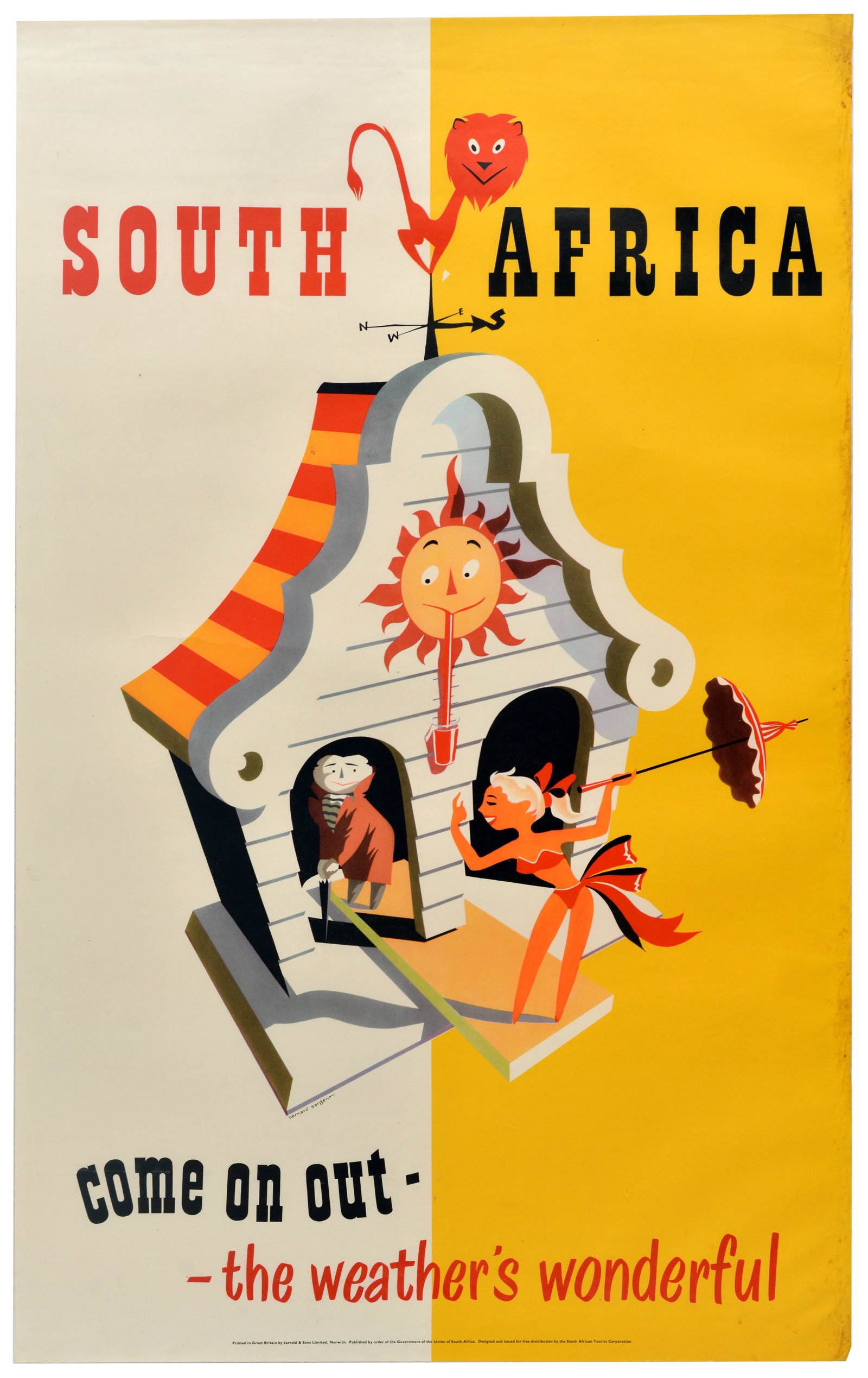 Travel Poster South Africa Weather House Sun Lion: Original vintage mid-century travel advertising poster for South Africa - Come on out - the weather's wonderful - featuring a playful design of a traditional Cape Dutch-style weather house, where a sm