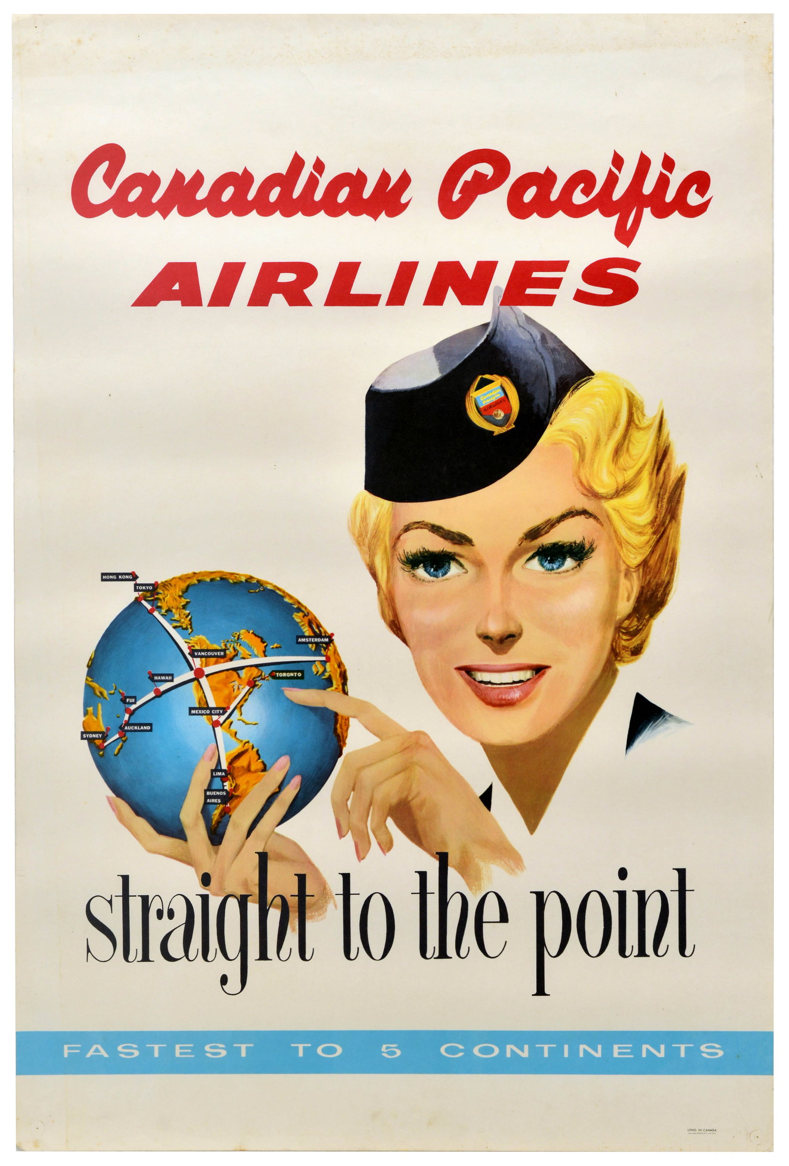 Travel Poster Canadian Pacific Airlines Straight To The Point: Original vintage mid-century aviation advertising poster for Canadian Pacific Airlines - Straight to the Point, featuring a smiling flight attendant in her dark uniform cap, gesturing toward a blue gl