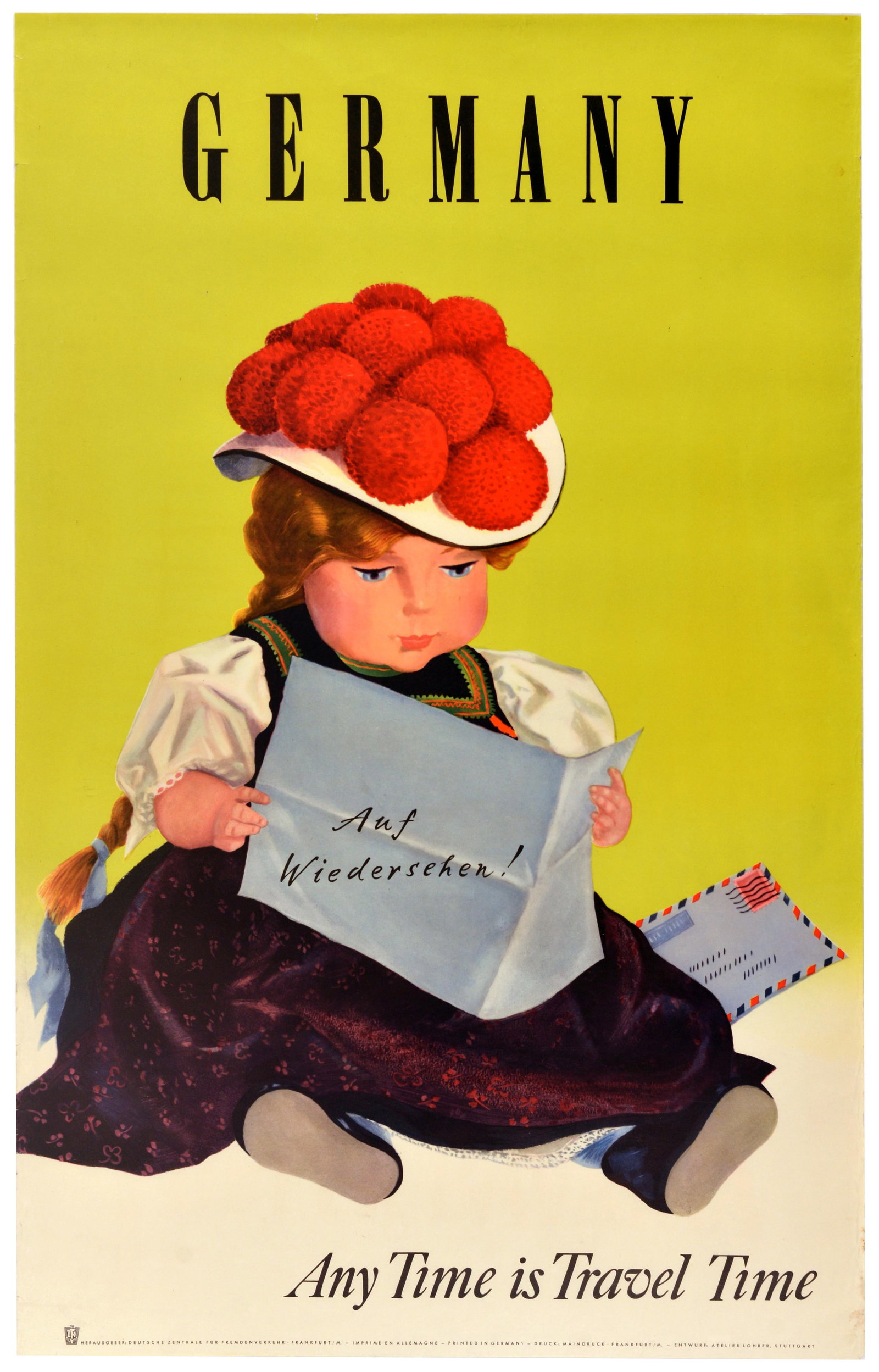 Travel Poster Germany Travel Time Black Forest Bollenhut: Original vintage mid-century travel advertising poster for Germany - Any Time is Travel Time, featuring s a charming illustration of a young girl dressed in a traditional German dirndl and a distincti