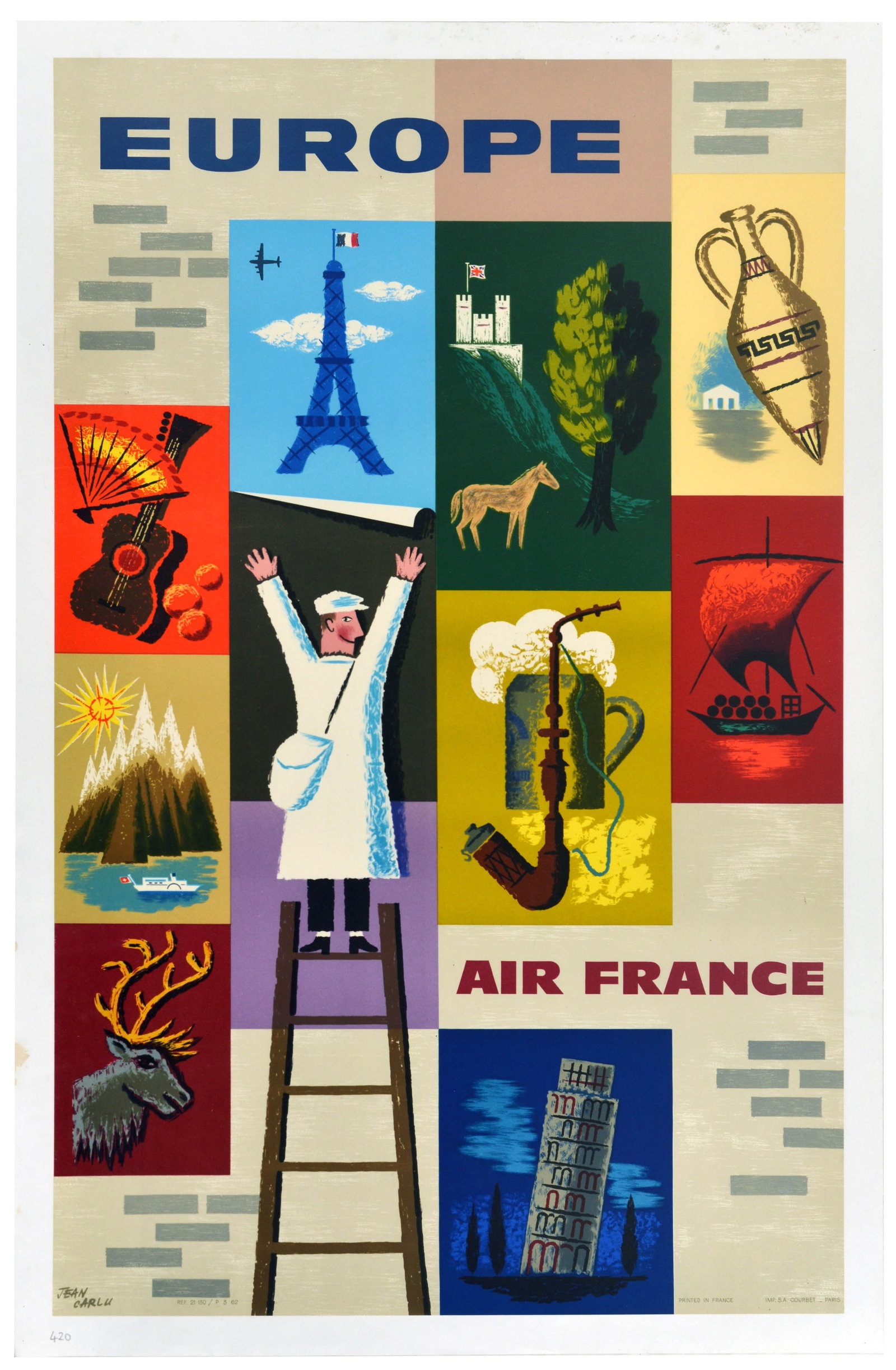 Travel Poster Europe Air France Jean Carlu: Original vintage Air France travel poster promoting flights across Europe, designed by the world-renowned French graphic designer and master of Art Deco cubism Jean Carlu (1900-1997), the poster featu