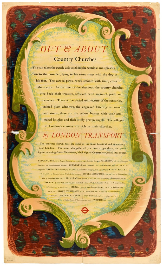 Travel Poster London Transport Underground Out And About Country Churches: Original vintage London Transport travel poster titled Out & About Country Churches, featuring an elegant design of a large Art Nouveau-style green and yellow scrollwork border set over a dark red and