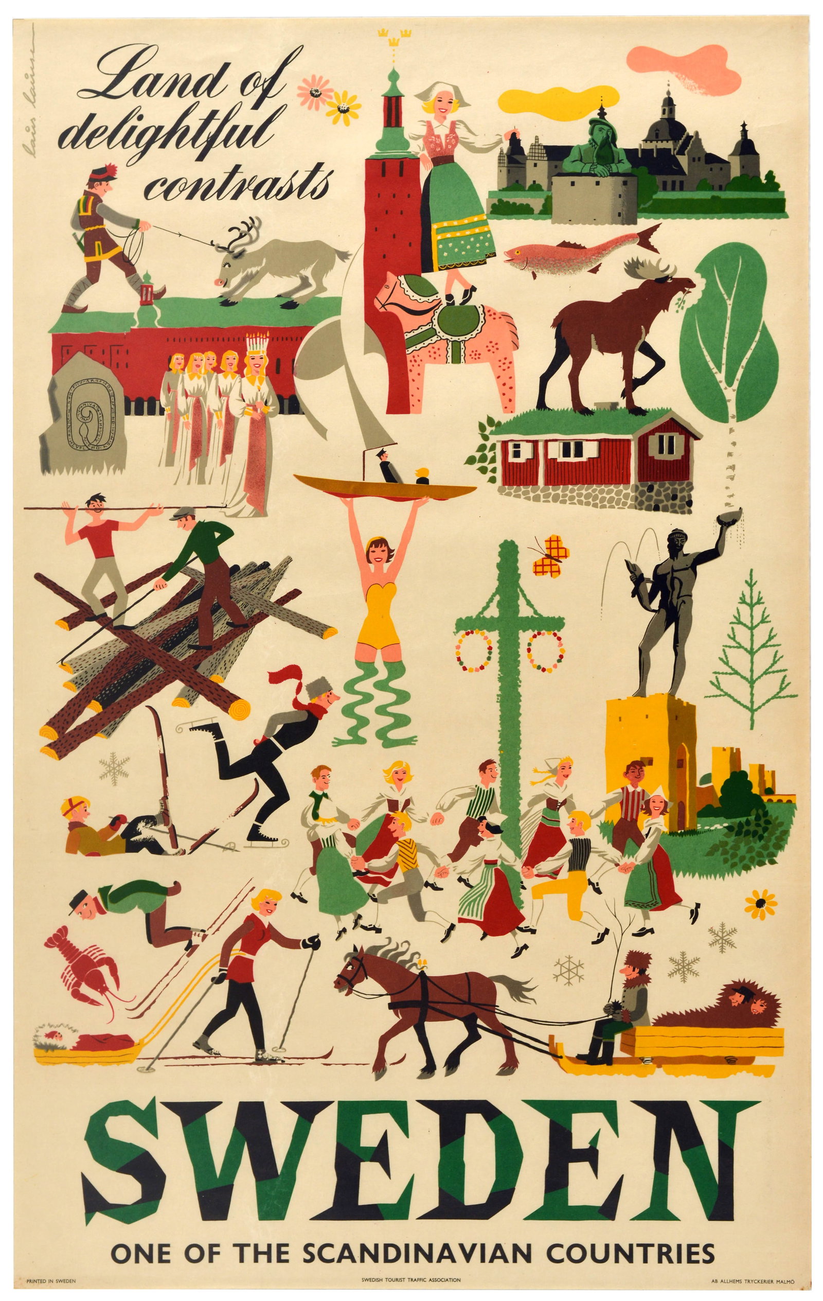Travel Poster Sweden Land Of Delightful Contrasts Scandinavia: Original vintage travel poster - Land of Delightful Contrasts Sweden One of the Scandinavian Countries, featuring an artwork by the Danish designer Laus Lauesen (1914-1966) featuring illustrated vigne