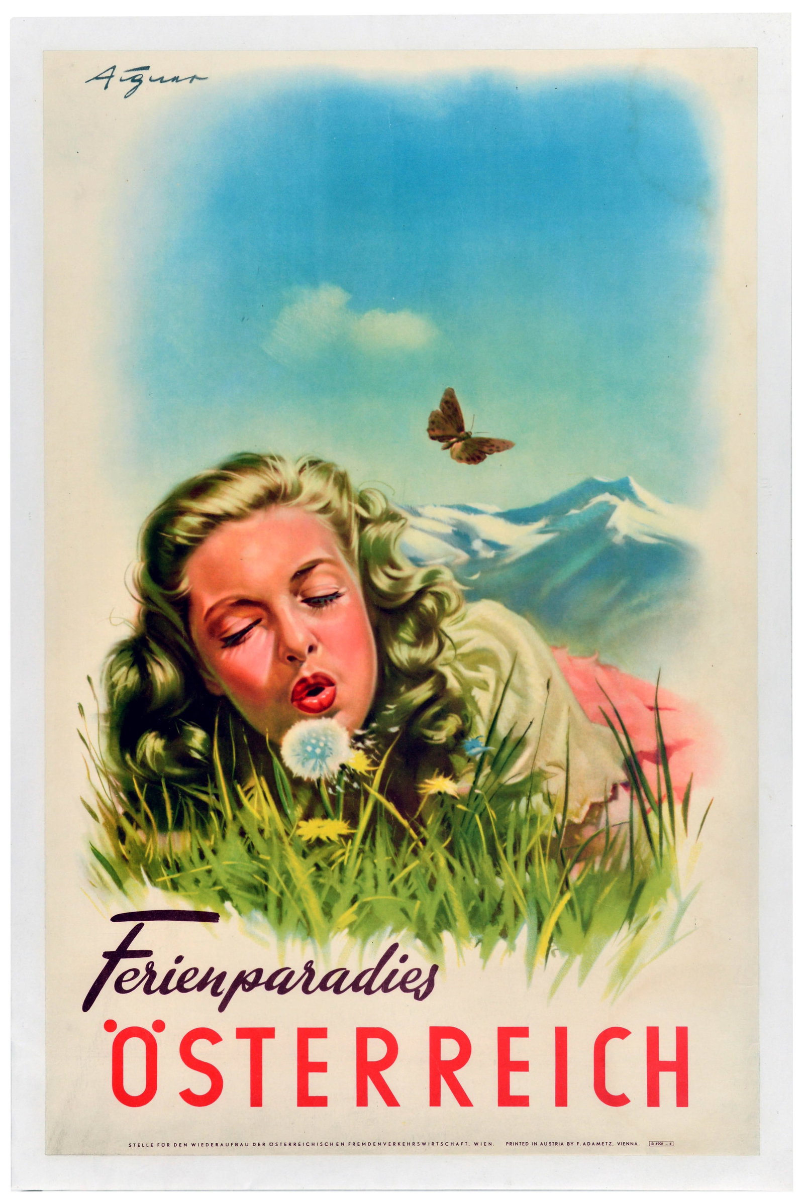 Travel Poster Holiday Paradise Austria Osterreich Paul Aigner: Ooriginal vintage travel poster - Ferienparadies Osterreich / Holiday paradise Austria - designed by the celebrated Austrian illustrator and graphic artist Paul Aigner (1905-1984), featuring a lady wi