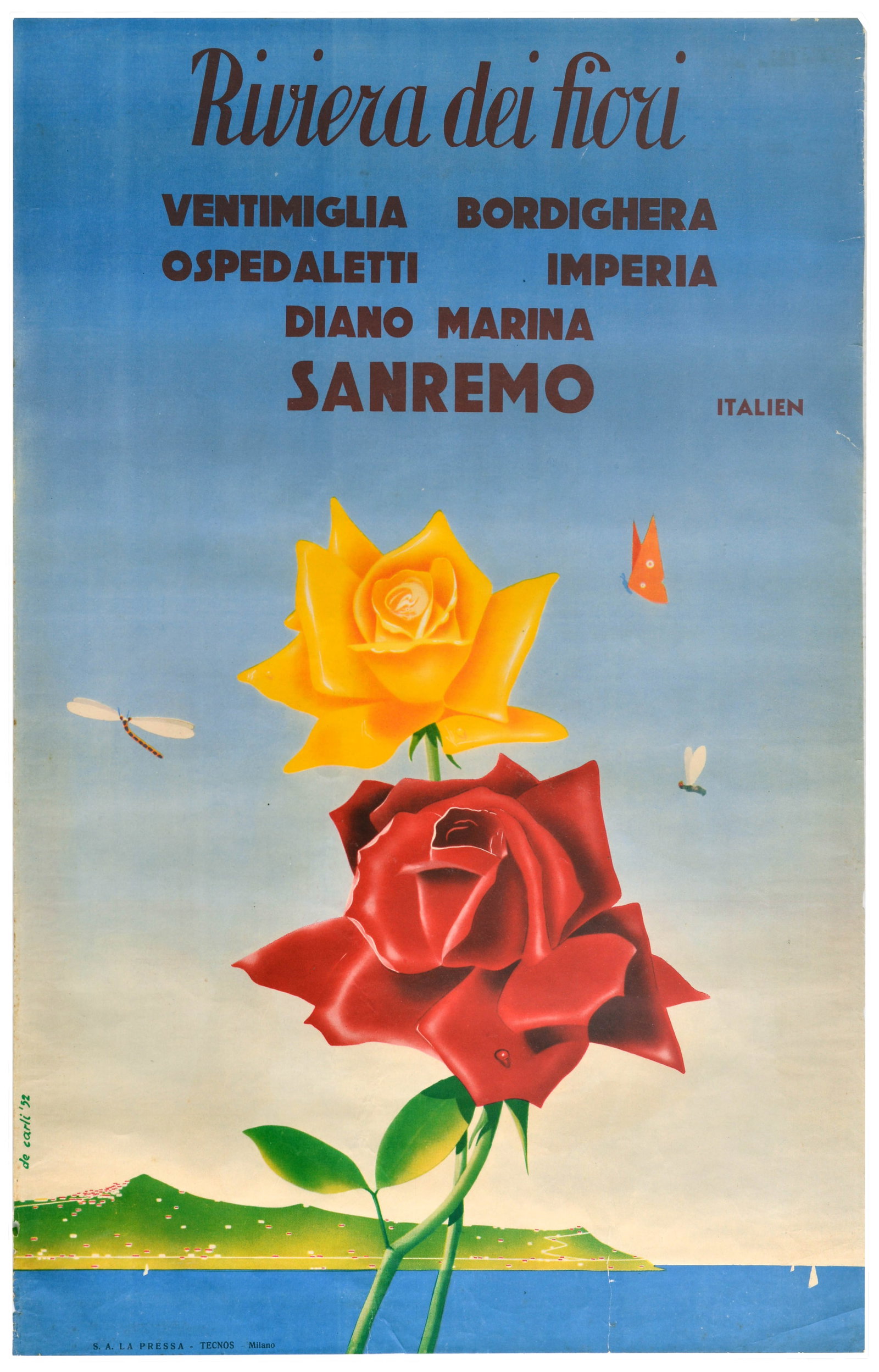 Travel Poster Riviera Dei Fiori Flower Coast Italy Resorts: Original vintage Italian travel poster advertising the Riviera dei Fiori / Coast of Flowers region, featuring large yellow and red roses with a dragonfly, butterfly and a fly flying through the bright