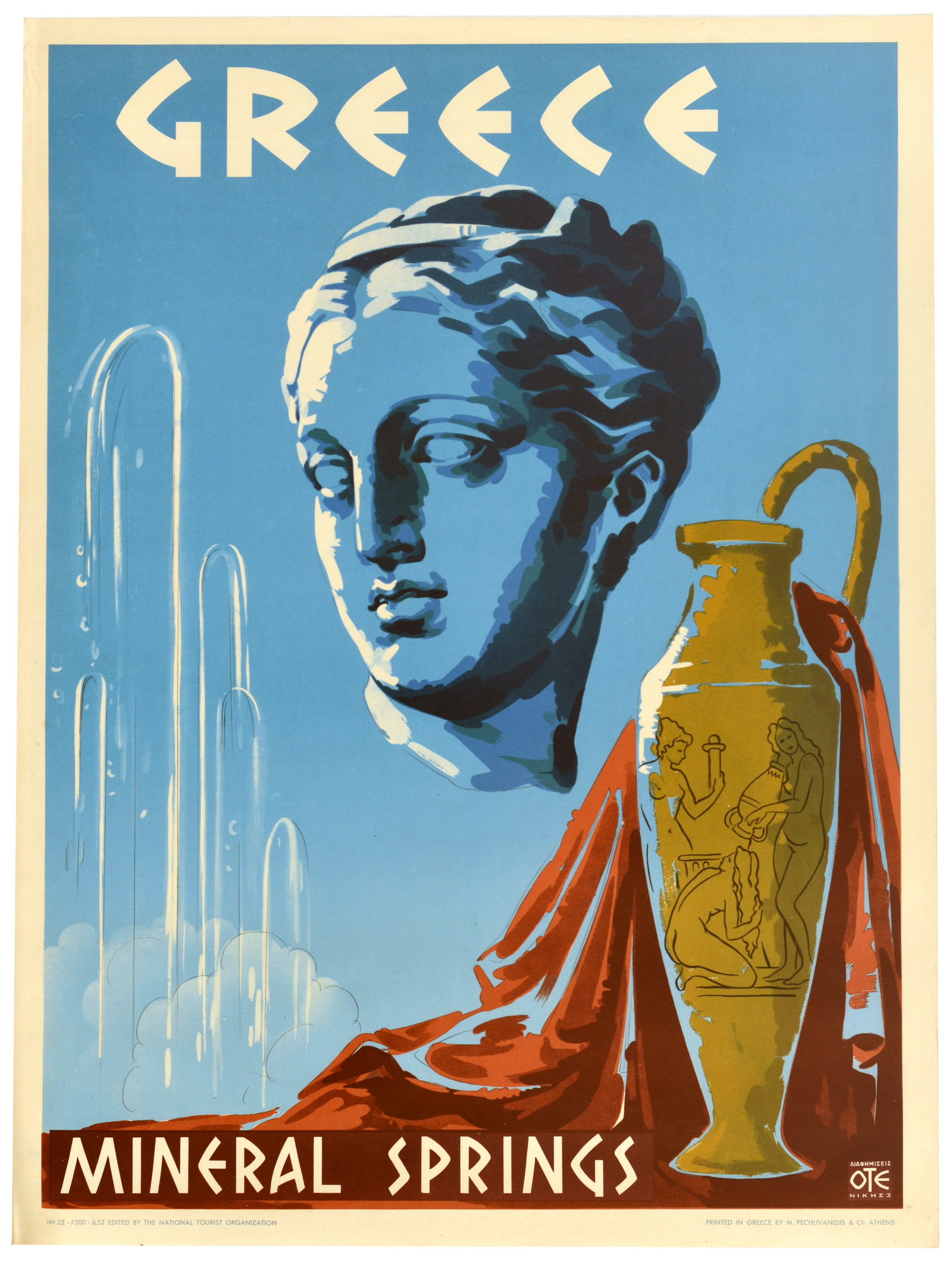 Travel Poster Greece Mineral Springs Spa Health: Original vintage travel poster - Greece Mineral Springs - advertising the country's wellness tourism, featuring a sculpted blue head of an ancient Hellenic Greek statue, next to an ornate, detailed go
