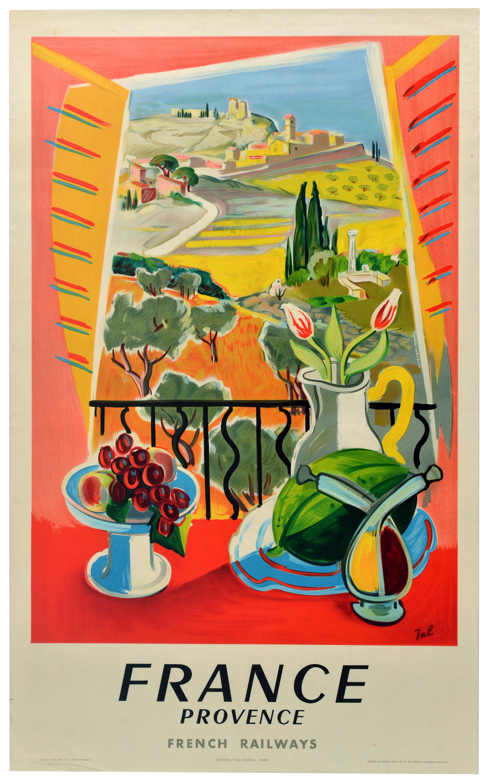 Travel Poster France Provence Jal French Railways: Original vintage SNCF / French Railways travel poster for Provence, featuring a bright and colourful scene with a fruit dish of grapes, a watermelon and an oil and vinegar bottle with tulips in a flow