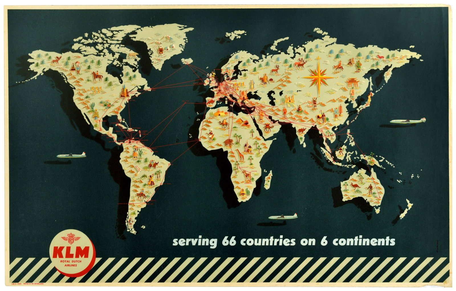 Travel Poster KLM Royal Dutch Airlines World Map Leeuw: Original vintage aviation travel poster for KLM Royal Dutch Airlines - Serving 66 Countries on 6 Continents, designed by the artist J. F. van der Leeuw, the pictorial map outlines global flight pathwa