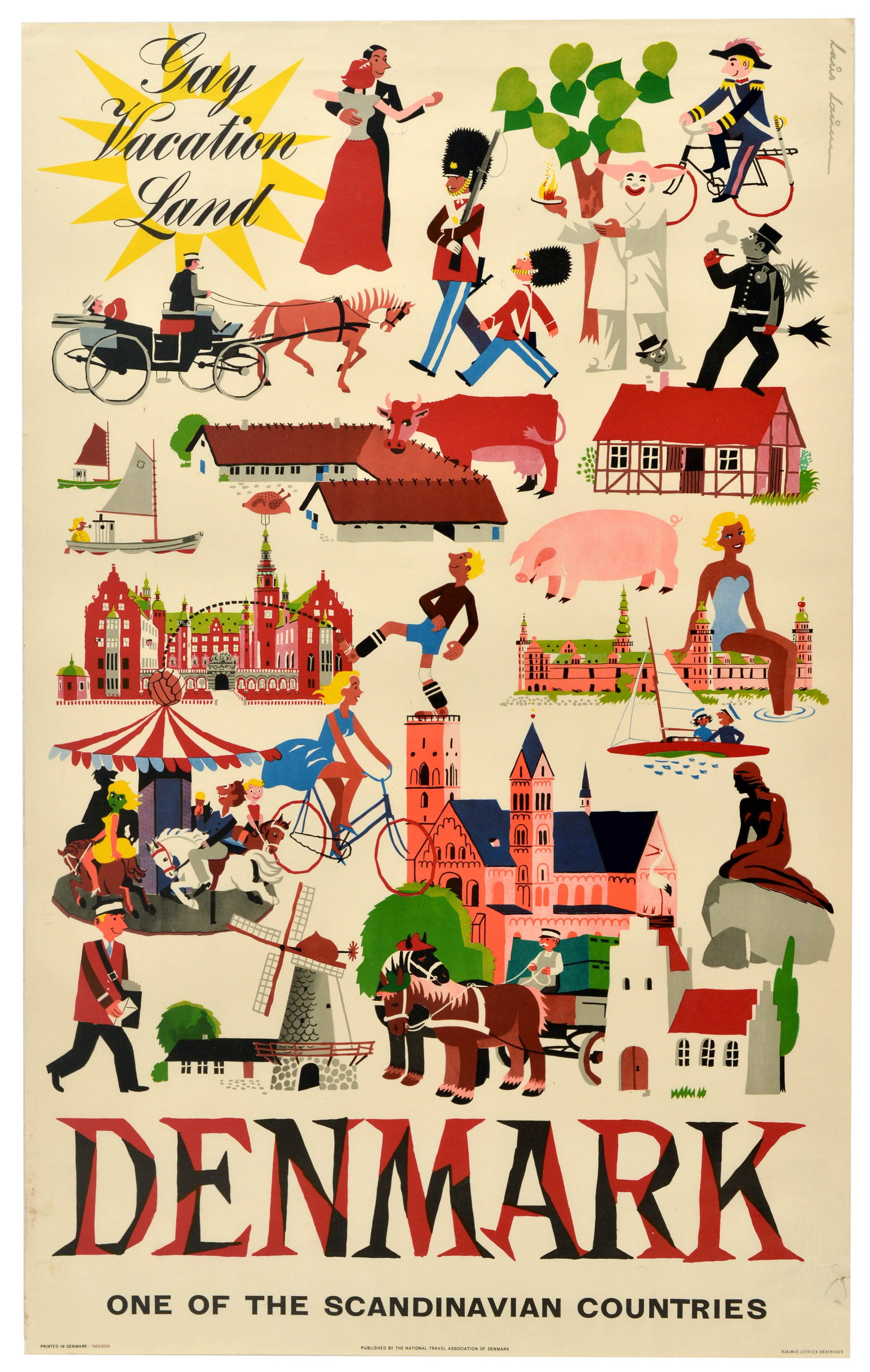 Travel Poster Gay Vacation Land Scandinavia: Original vintage travel poster advertising Denmark - Gay vacation land - One of the Scandinavian countries - Colourful and fun mid-century modern image featuring illustrations depicting various activi