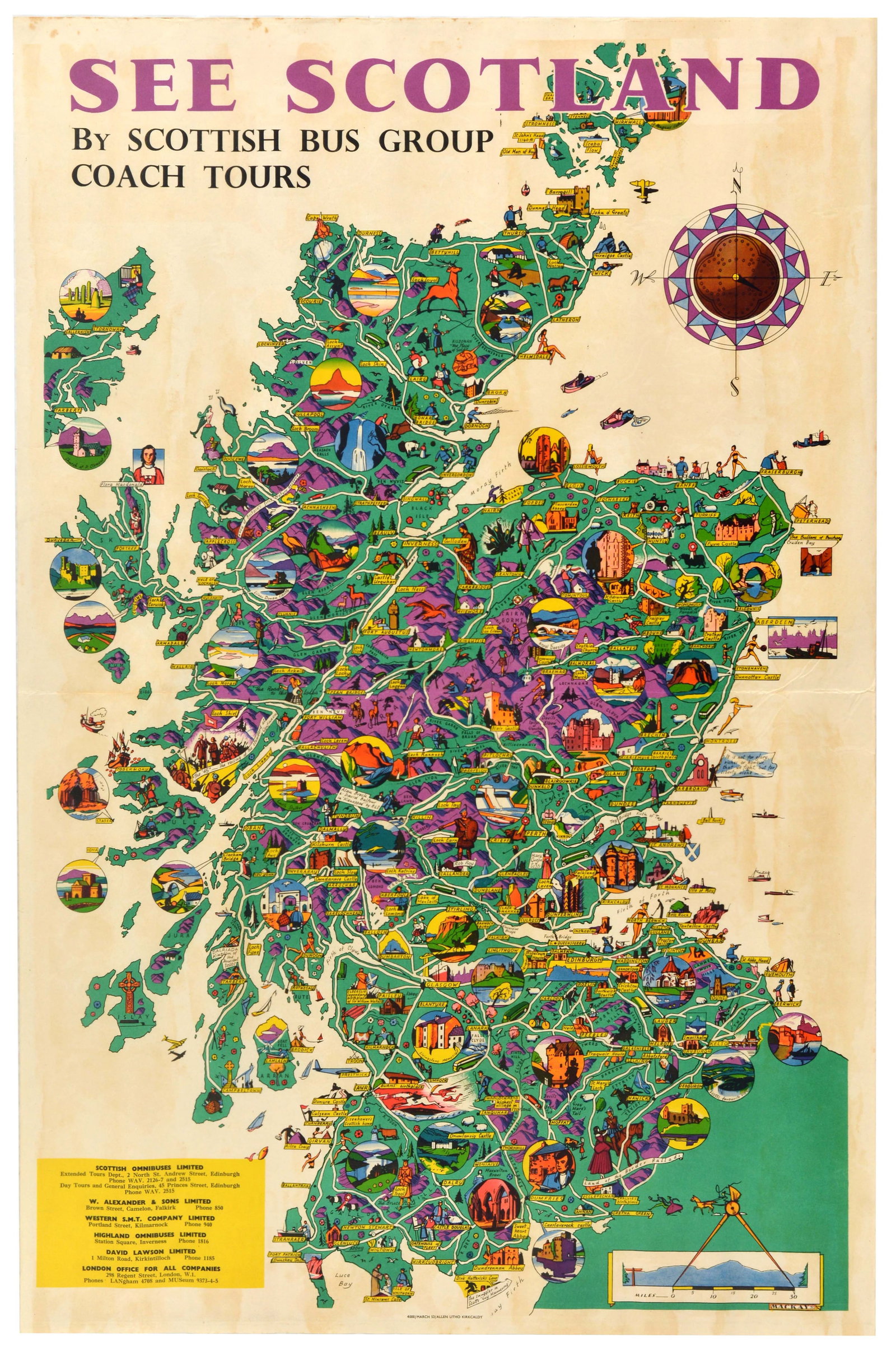 Travel Poster Scotland Illustrated Map Mackay Bus Tours: Original vintage travel advertising poster - See Scotland by Scottish Bus Gorup Coach Tours - featuring a pictorial map with various detailed and colourful illustrations with captions including notabl