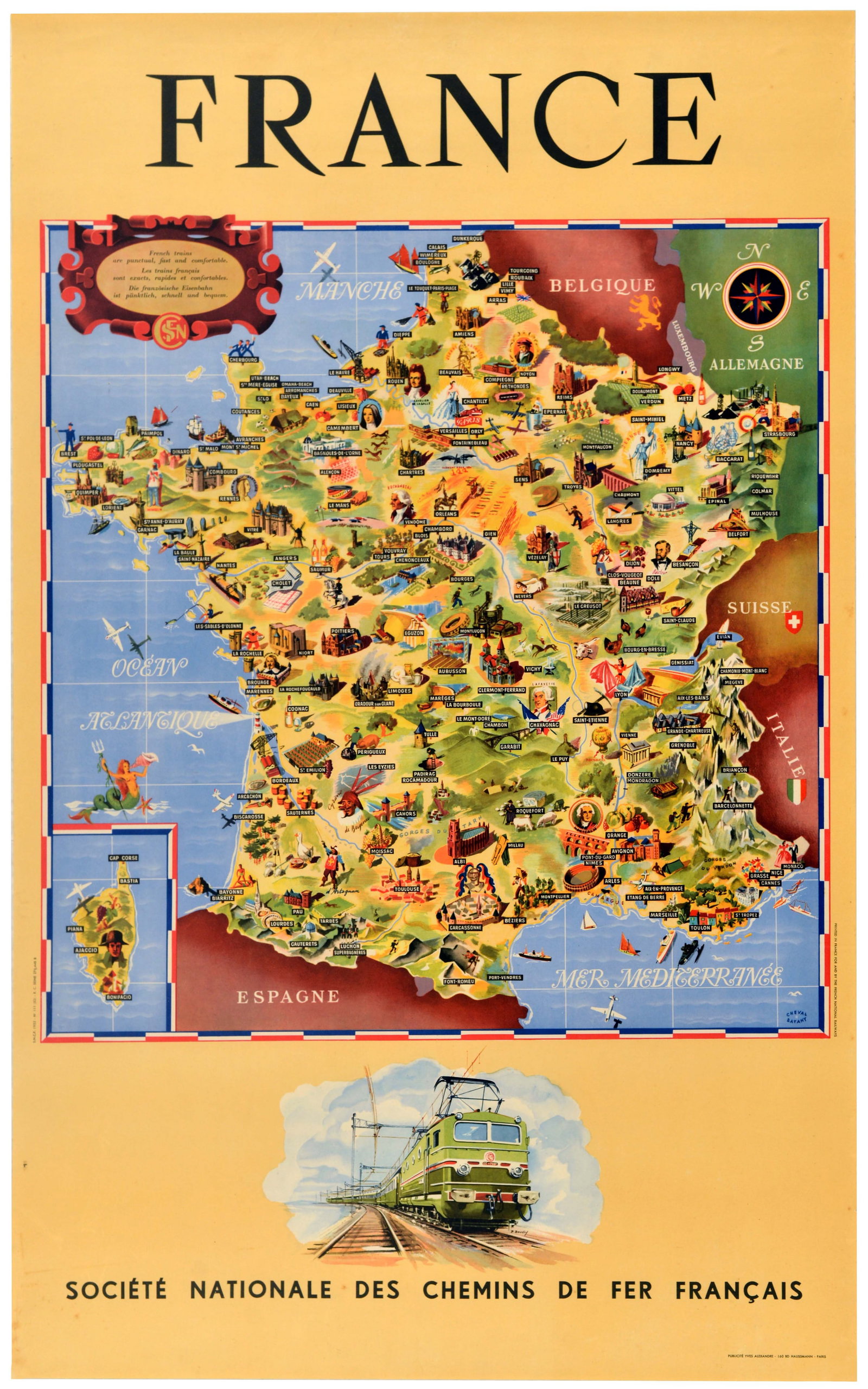 Travel Poster France Map SNCF French Railways Cheval Batany: Original vintage mid-century travel advertising poster for France, commissioned by the Societe Nationale des Chemins de Fer Francais SNCF / French National Railways, featuring a detailed pictorial map
