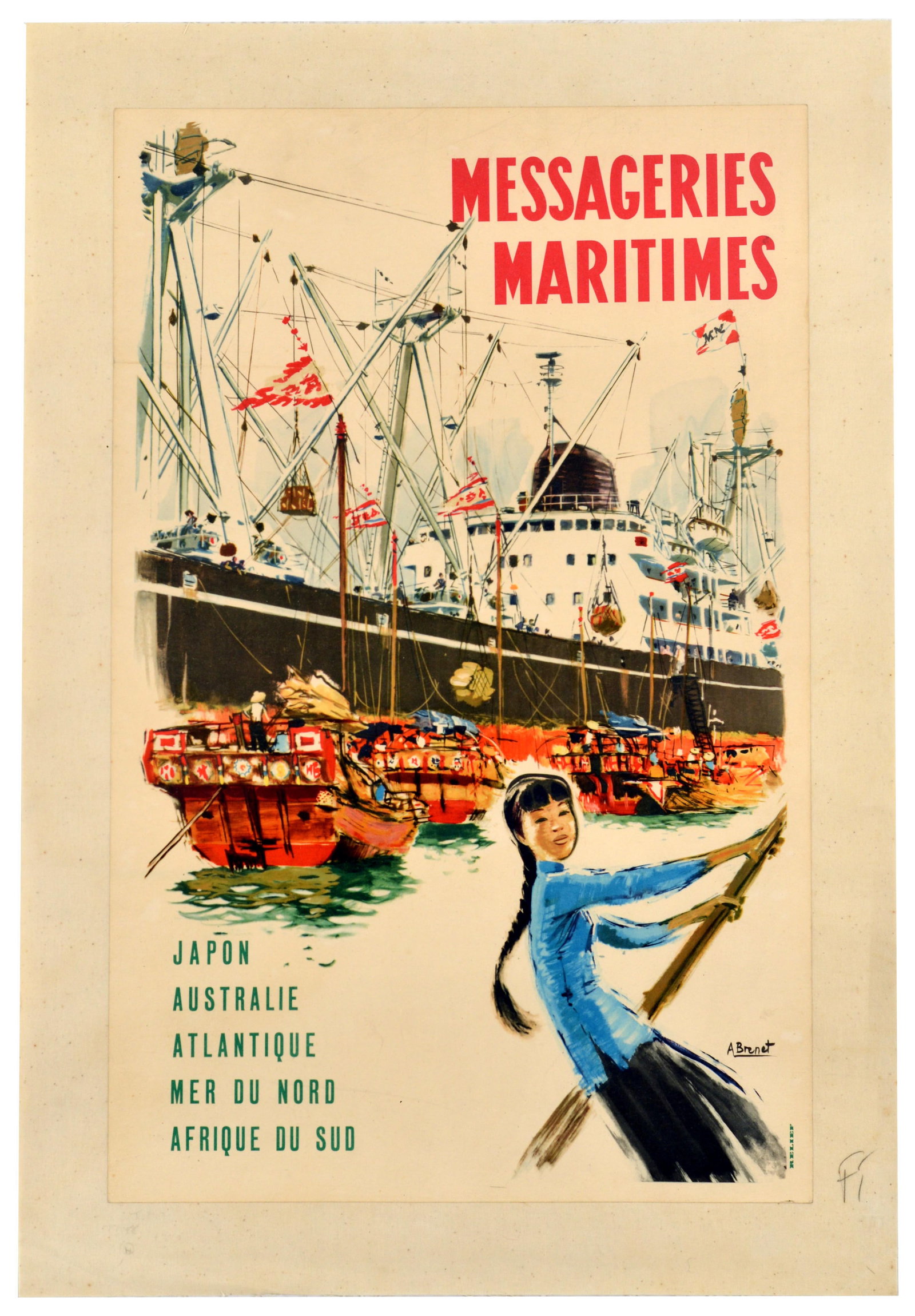 Travel Poster Messageries Maritimes Cargo Shipping Asia Albert Brenet: Original vintage French maritime travel poster advertising the global cruise routes of the French shipping company Messageries Maritimes, featuring a dynamic graphic design by the renowned French arti