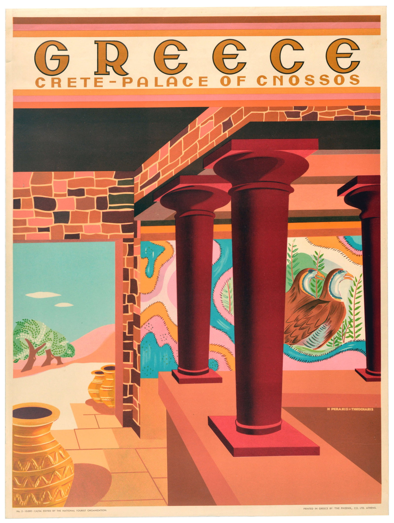 Travel Poster Greece Crete Palace of Cnossos Mediterranean: Original vintage travel poster - Greece Crete Palace of Cnossos - featuring a colourful illustration of the ancient Minoan Palace of Knossos in Heraklion on the Mediterranean Sea island of Crete, depi