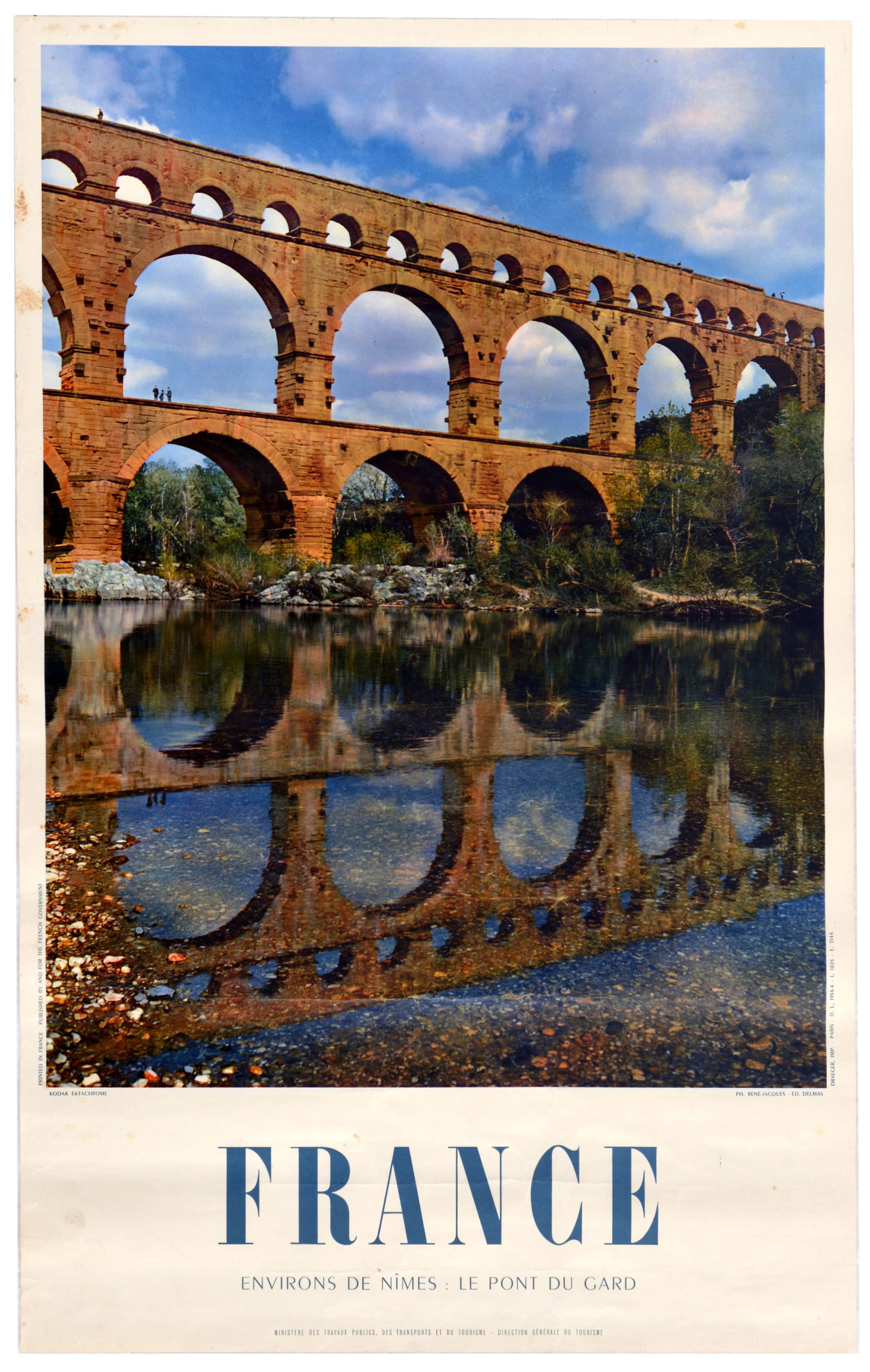 Travel Poster France Nimes Pont Du Gard Gardon River: Original vintage travel poster promoting tourism to France, featuring a photograph depicting the ancient grandeur of the Pont du Gard, a majestic multi-tiered Roman aqueduct located near Nimes in sout