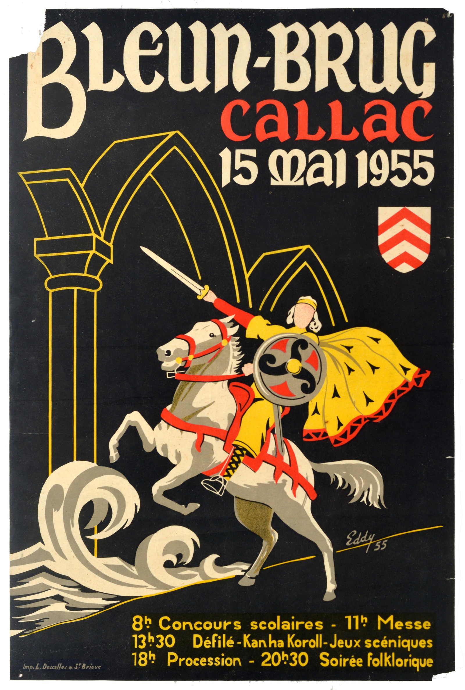 Travel Poster Bleun Brug Breton Festival Callac Brittany France: Original vintage French cultural poster promoting the Bleun-Brug festival in the Breton town of Callac on 15 May 1955, features a stylised, heroic medieval Breton knight in a bright yellow cape riding