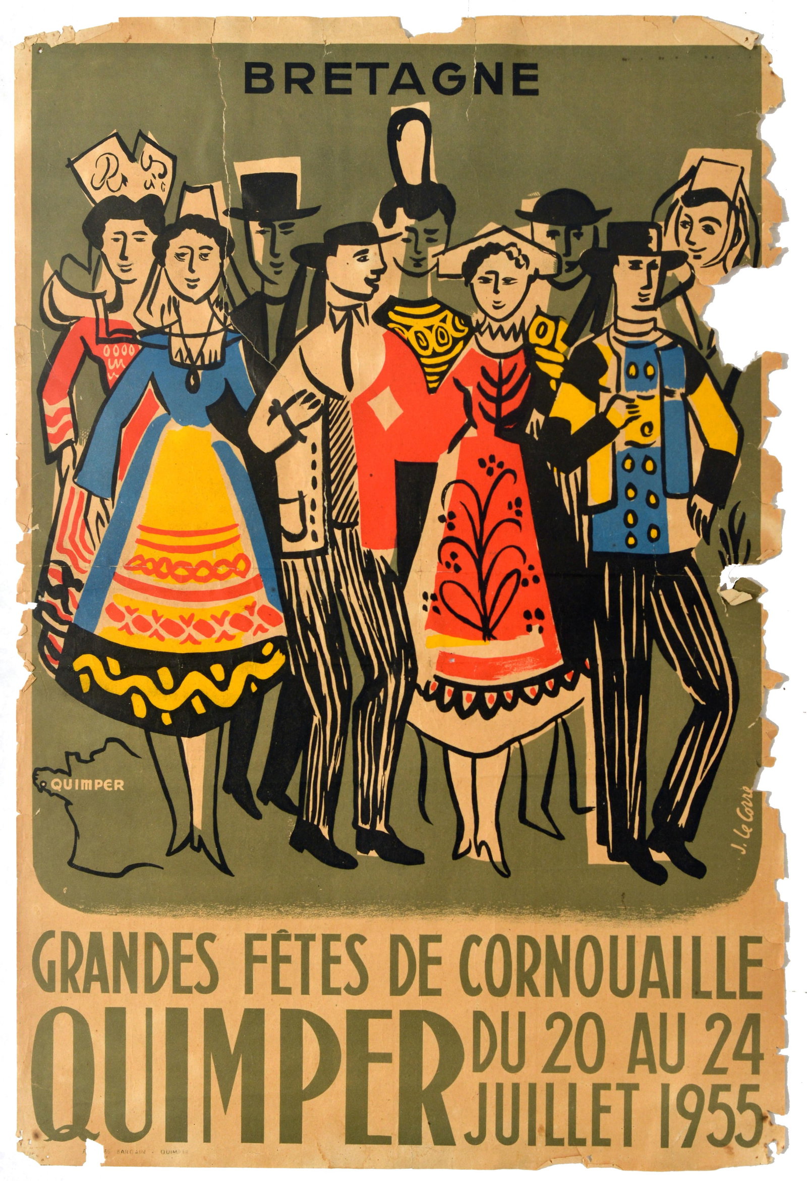 Travel Poster Cornouaille Festival Quimper Breton Culture Brittany: Original vintage French regional travel poster issued to promote the annual folk festival Grandes Fetes de Cornouaille in Quimper, Brittany, held from 20 to 24 July 1955. The poster features a colourf