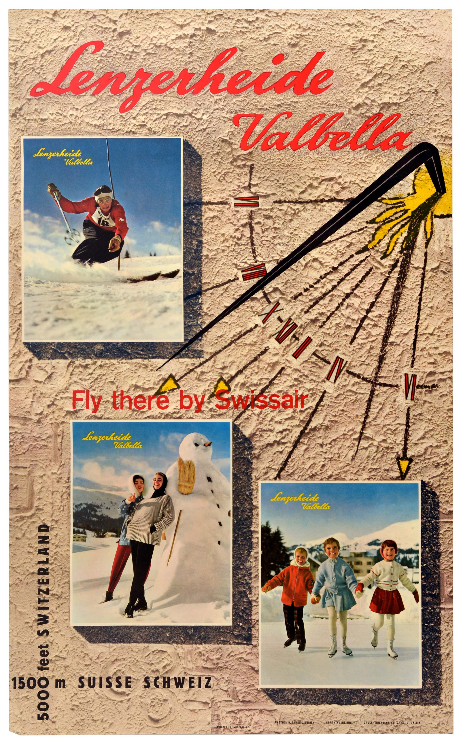 Travel Poster Lenzerheide Valbella Switzerland Swissair: Original vintage travel advertising poster for the ski town of Lenzerheide Valbella in Switzerland (5000 ft 1500 m Suisse Schweiz) featuring three colourful photos of a skier zooming down a piste, two