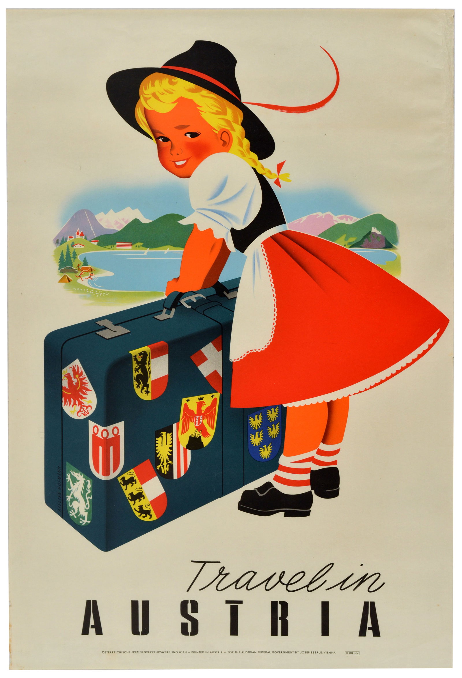 Travel Poster Travel In Austria Suitcase Girl Walter Hofmann: Original vintage travel poster - Travel in Austria - designed by the Austrian artist Walter Hofmann (1906-1975), featuring a smiling girl with blonde hair in braids wearing a traditional dirndl dress 