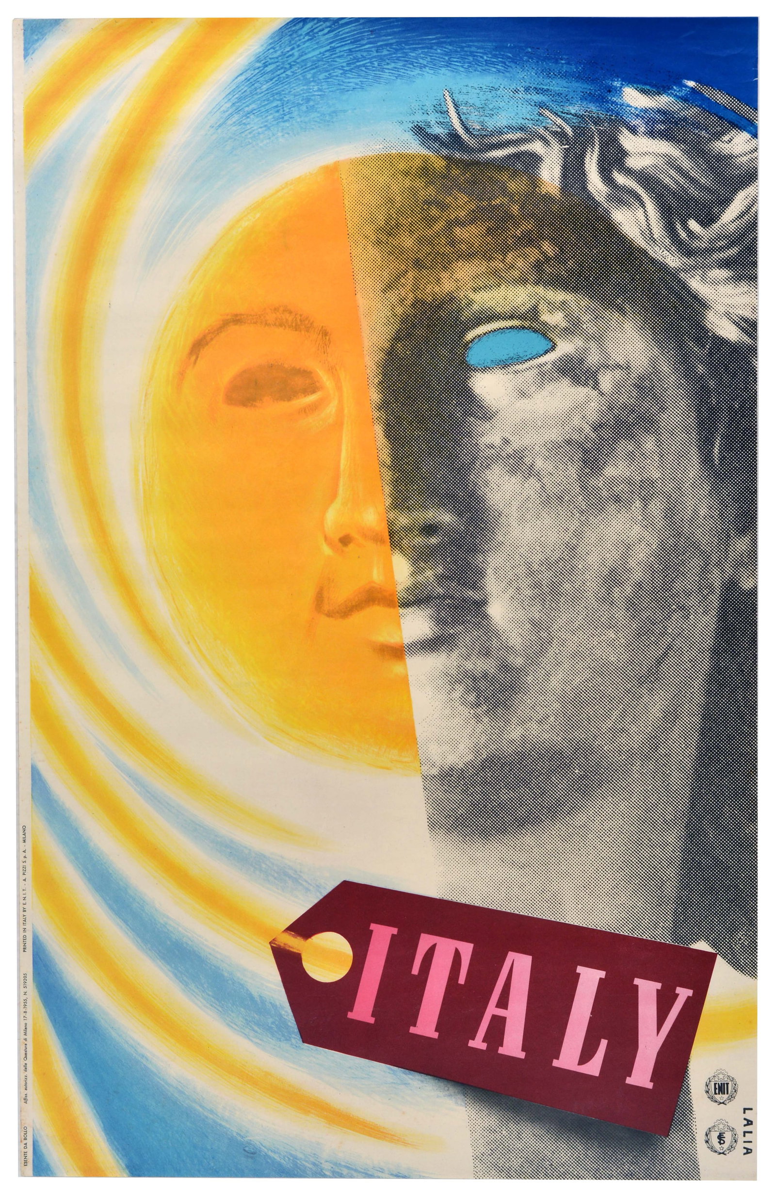 Travel Poster Italy Sun Roman Sculpture ENIT Lalia: Original vintage mid-century travel advertising poster for Italy, featuring a striking design by the Italian artist Alfredo Lalia (1907-1984), featuring a golden sun face swirling yellow and white sun