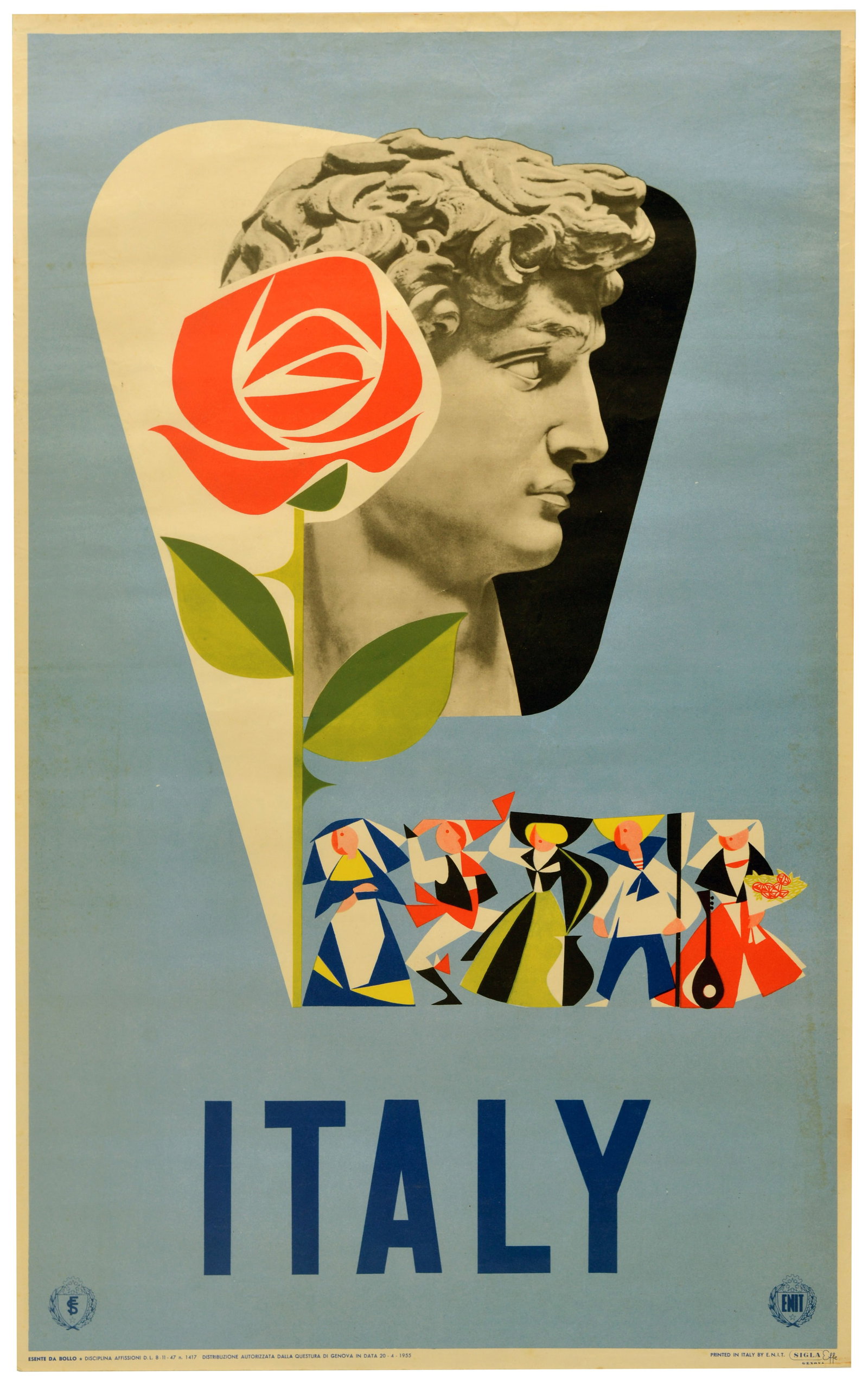 Travel Poster Italy ENIT Michelangelo David Sculpture: Original vintage travel advertising for Italy printed by the Italian Tourist Agency (ENIT), featuring Michelangelo's marble statue of David behind a stylised image of a flower with a row of people in 