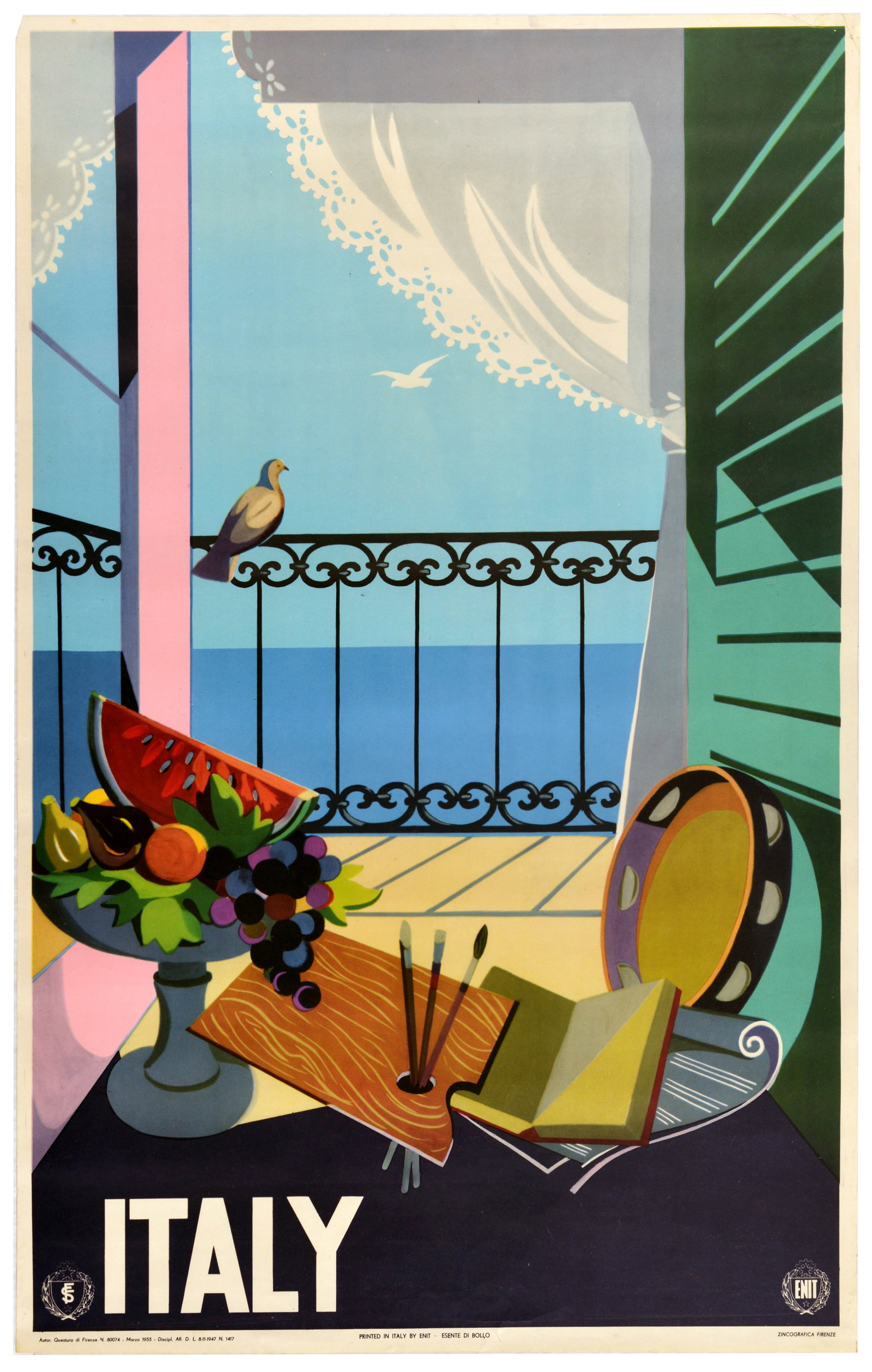 Travel Poster Italy Sunny Mediterranean Balcony ENIT: Original vintage mid-century travel poster promoting tourism to Italy, featuring a stunning modernist still life composition set on a sunny Mediterranean balcony overlooking a deep blue sea under a cl