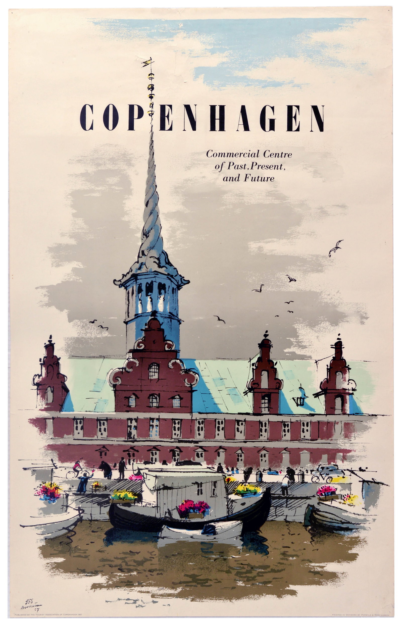 Travel Poster Copenhagen Commercial Centre Borsen Exchange: Original vintage travel advertising poster for Copenhagen Commercial Centre of Past, Present, and Future featuring a great design by the Danish artist Des Asmussen (1913-2004) of the historic 17th cen