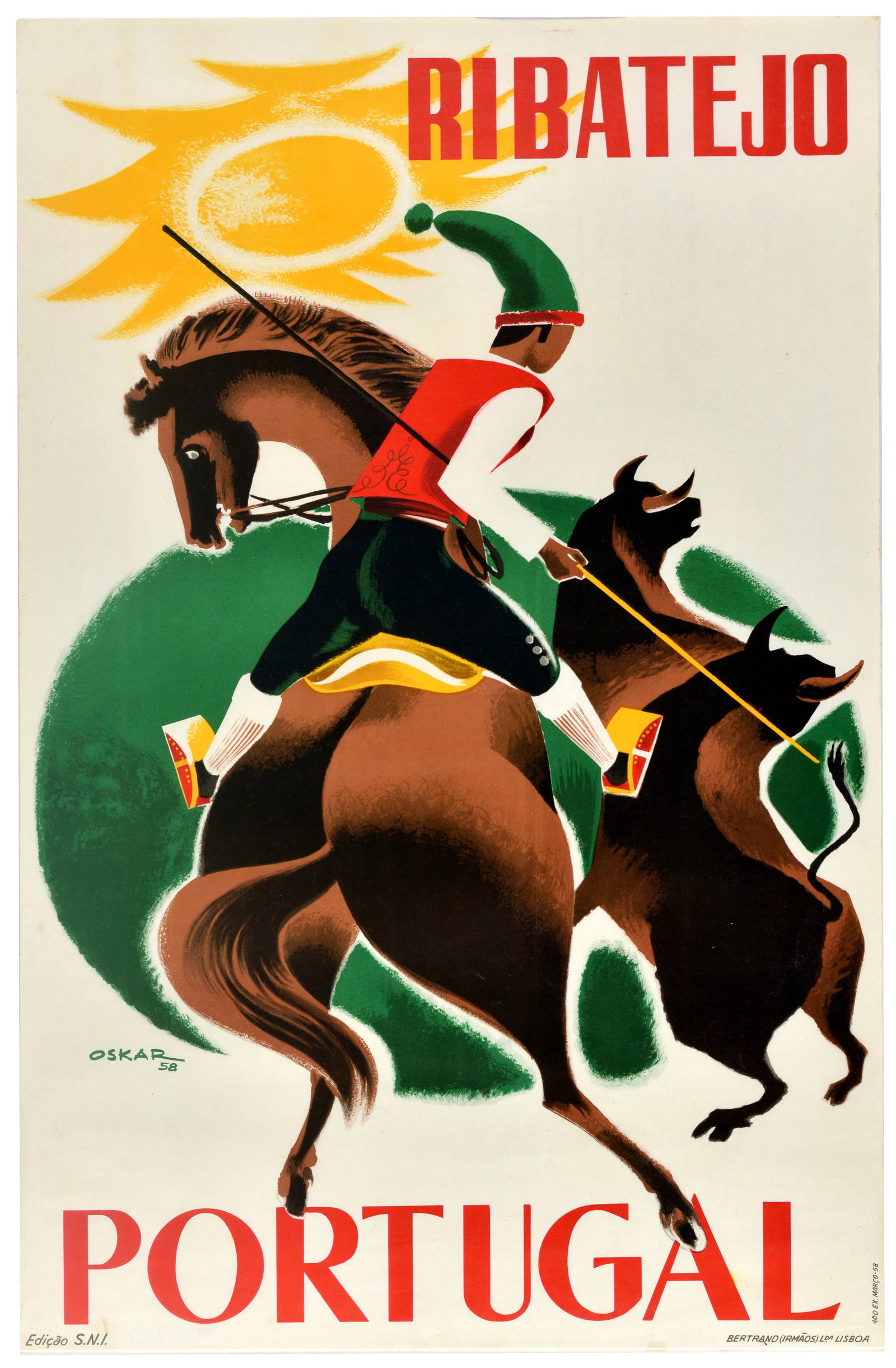 Travel Poster Portugal Ribatejo Campino Cowboy Bullfighting: Original vintage Portuguese travel advertising poster for Ribatejo Portugal, featuring a dynamic mid-century design by the noted Portuguese artist and illustrator Oskar (Oscar Pinto Lobo; 1913-1995) d