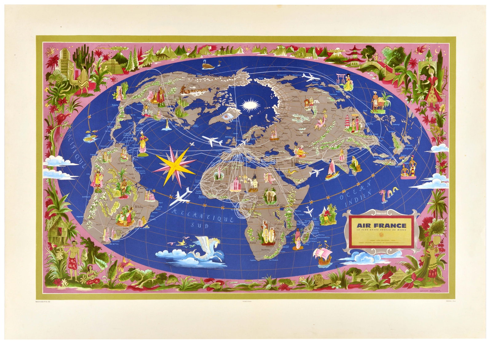 Travel Poster Air France World Map Planisphere Boucher: Original vintage travel poster featuring the Air France World Map Planisphere, designed by the renowned French artist and illustrator Lucien Boucher (1889-1971). This exquisite and highly detailed pic