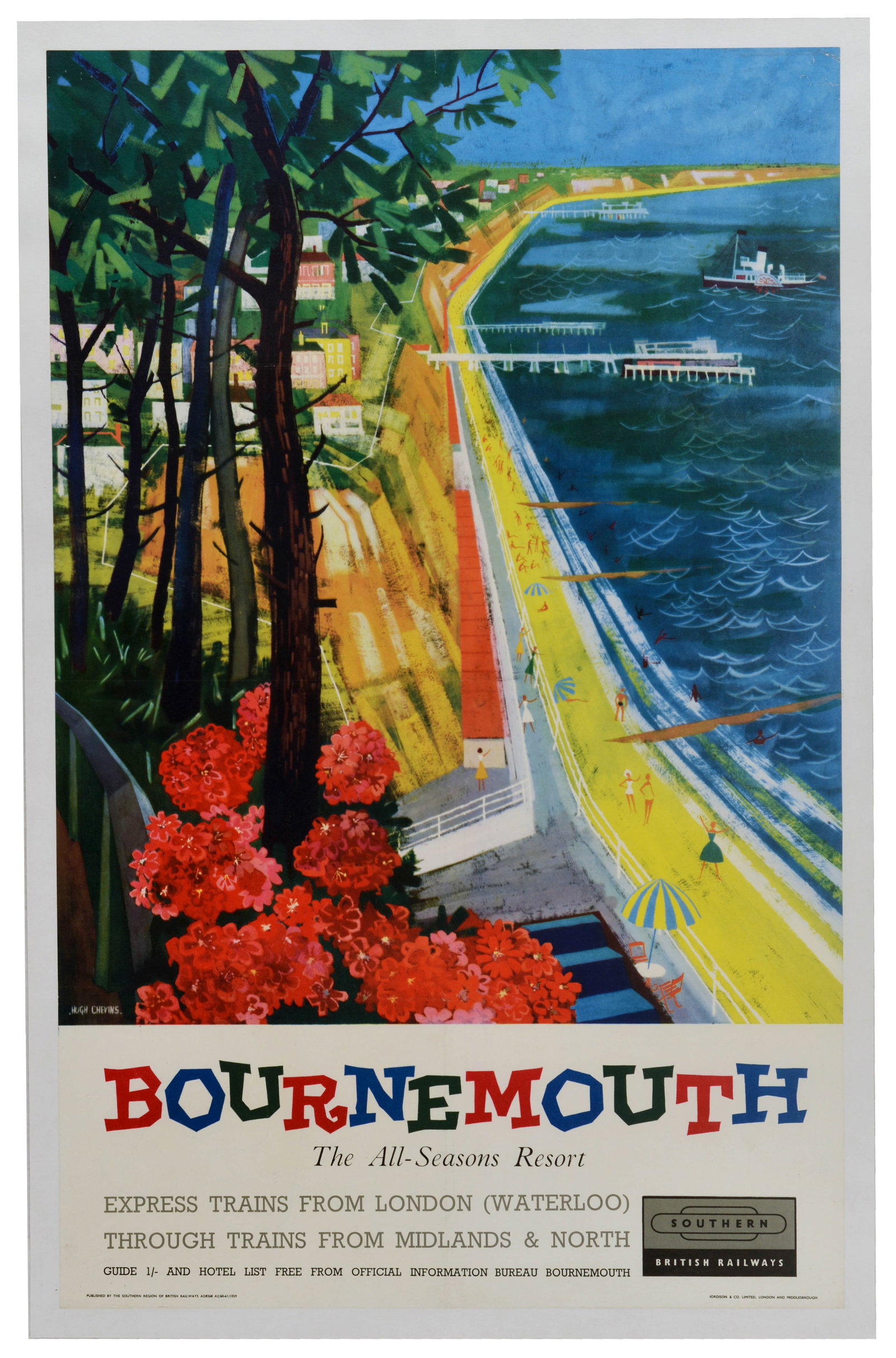 Travel Poster Bournemouth Resort Hugh Chevins British Railways: Original vintage British railway travel poster advertising Bournemouth - The All-Seasons Resort on the south coast of England, reachable by express trains from London Waterloo through trains from the 
