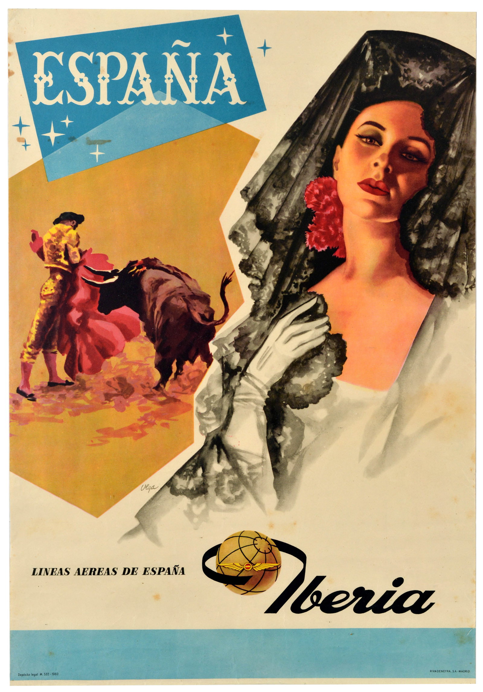 Travel Poster Iberia Airlines Espana Spain Matador Bullfight: Original vintage travel advertising poster for Spain by Lineas Aereas de Espan Iberia / Air Lines of Spain Iberia, featuring an evocative split layout; the right side is dominated by a portrait of a b