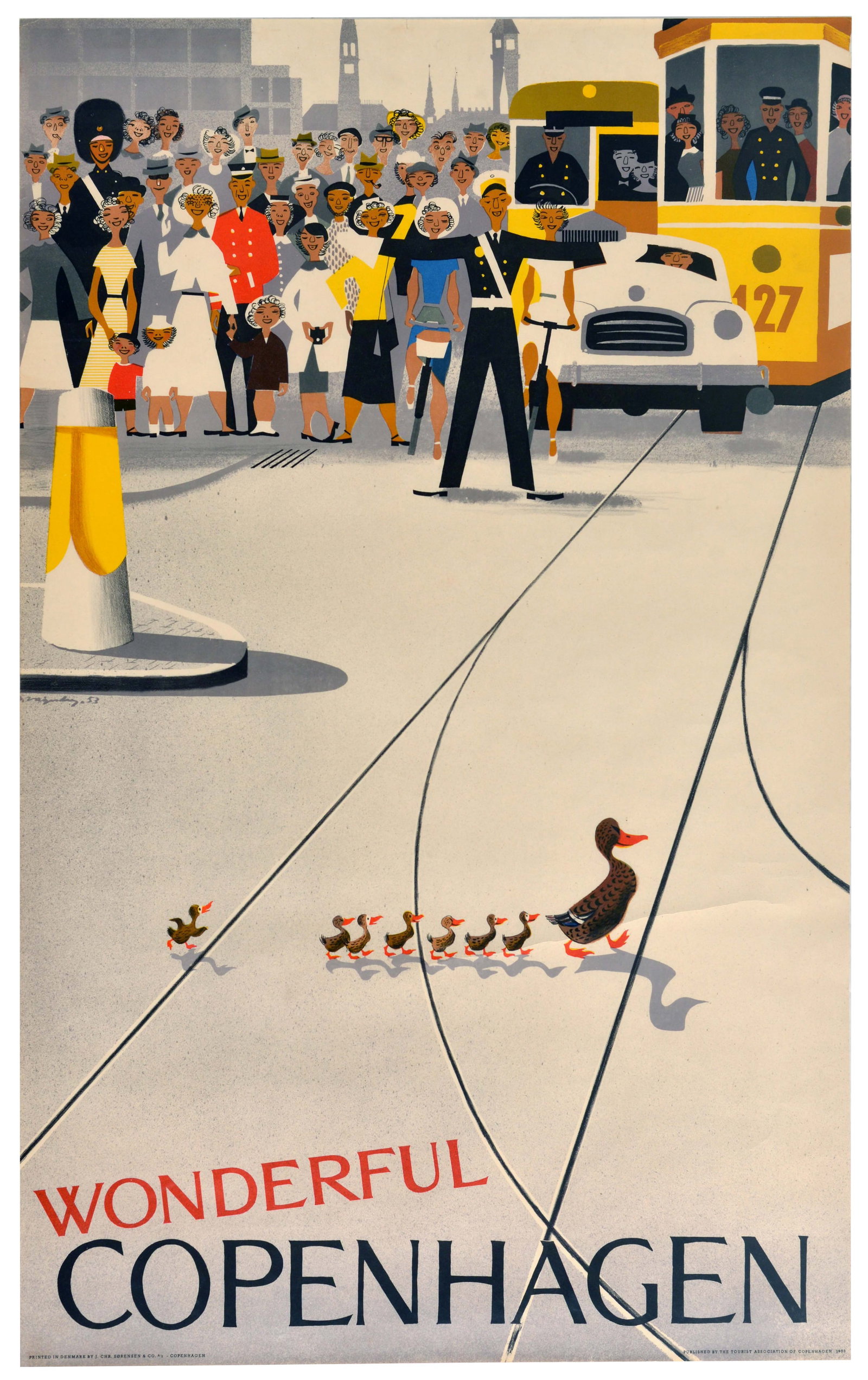 Travel Poster Wonderful Copenhagen Denmark Ducklings: Original vintage travel advertising poster for Wonderful Copenhagen featuring a classic image by the Danish artist Viggo Vagnby (1896-1966) of a family of ducks crossing the road with the help of a sm