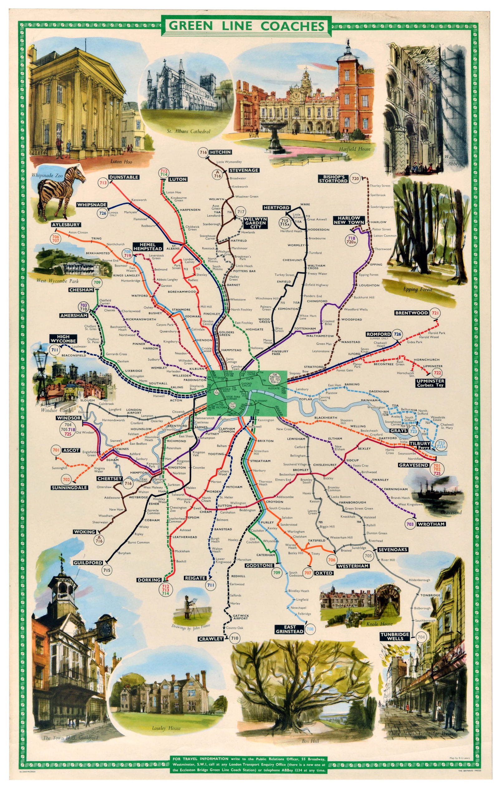 Travel Poster Green Line Coaches London Transport Map Lewis Finnie: Original vintage London Transport Green Line Coaches travel poster featuring a vibrant and expertly composed graphic layout map of the Green Line Coaches routes network, the map is framed at the top a