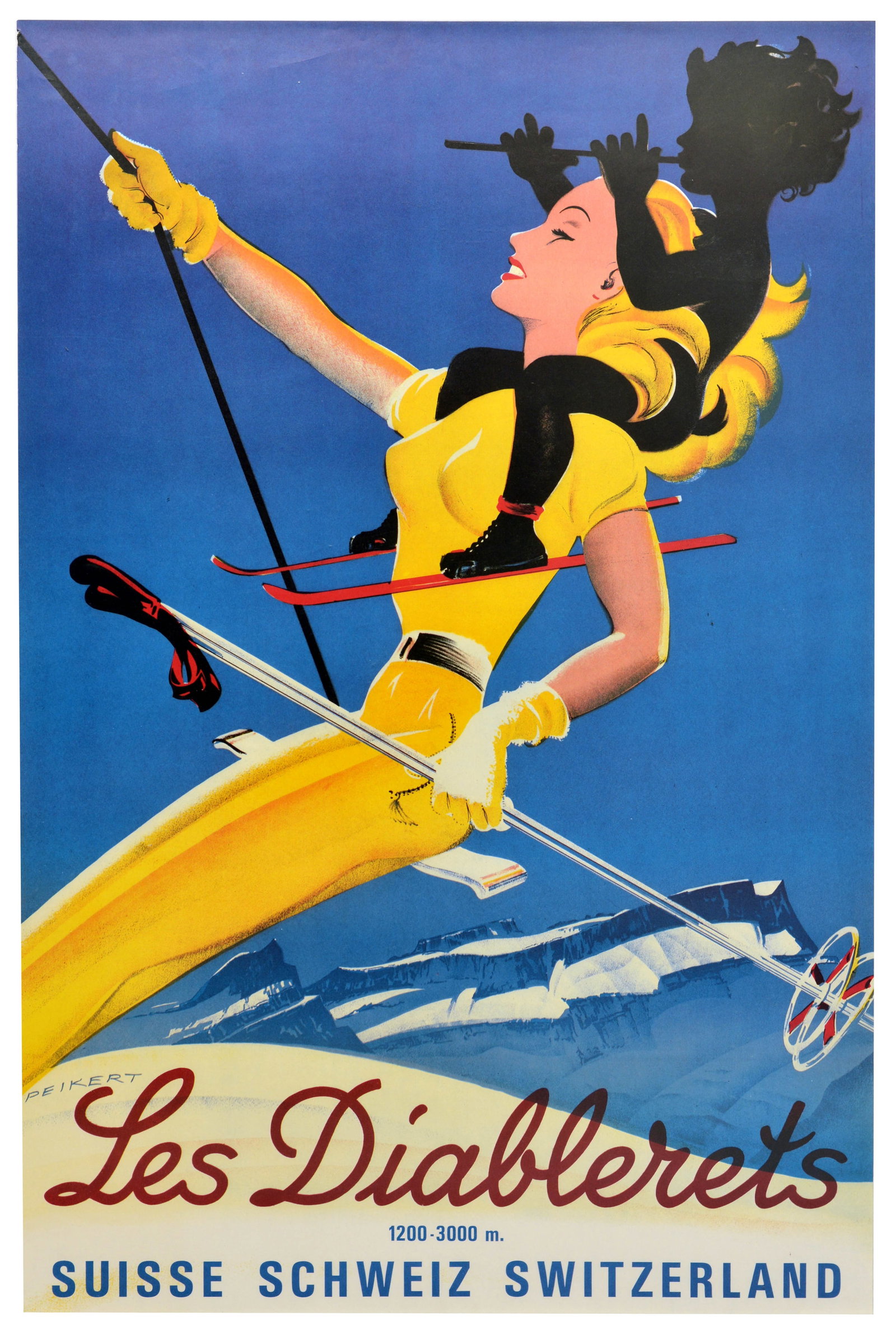 Travel Poster Les Diablerets Switzerland Skiing Peikert: Original vintage skiing and winter sport travel poster for the ski resort of Les Diablerets 1200-3000m Suisse Schweiz Switzerland. This is a second issue of this design to promote the launch of a new 