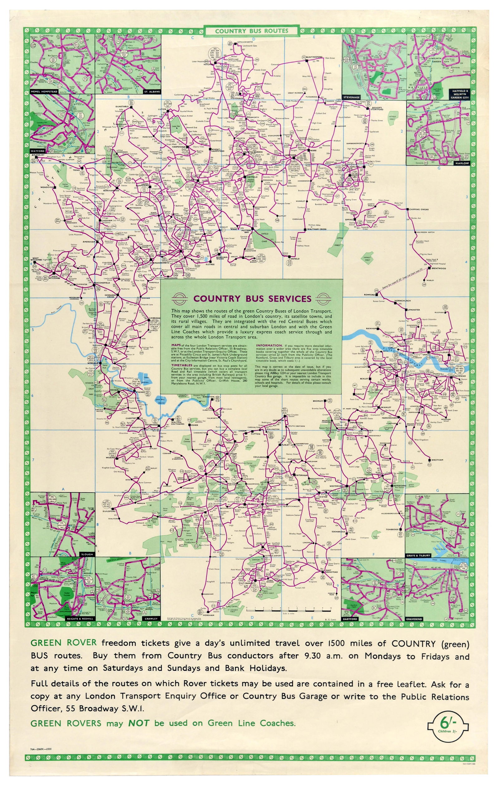 Travel Poster London Transport Map Country Bus Green Rover: Original vintage London Transport travel poster presents an informative and beautifully detailed graphic layout of the Country Bus Routes network, the map highlights the green country bus services tha