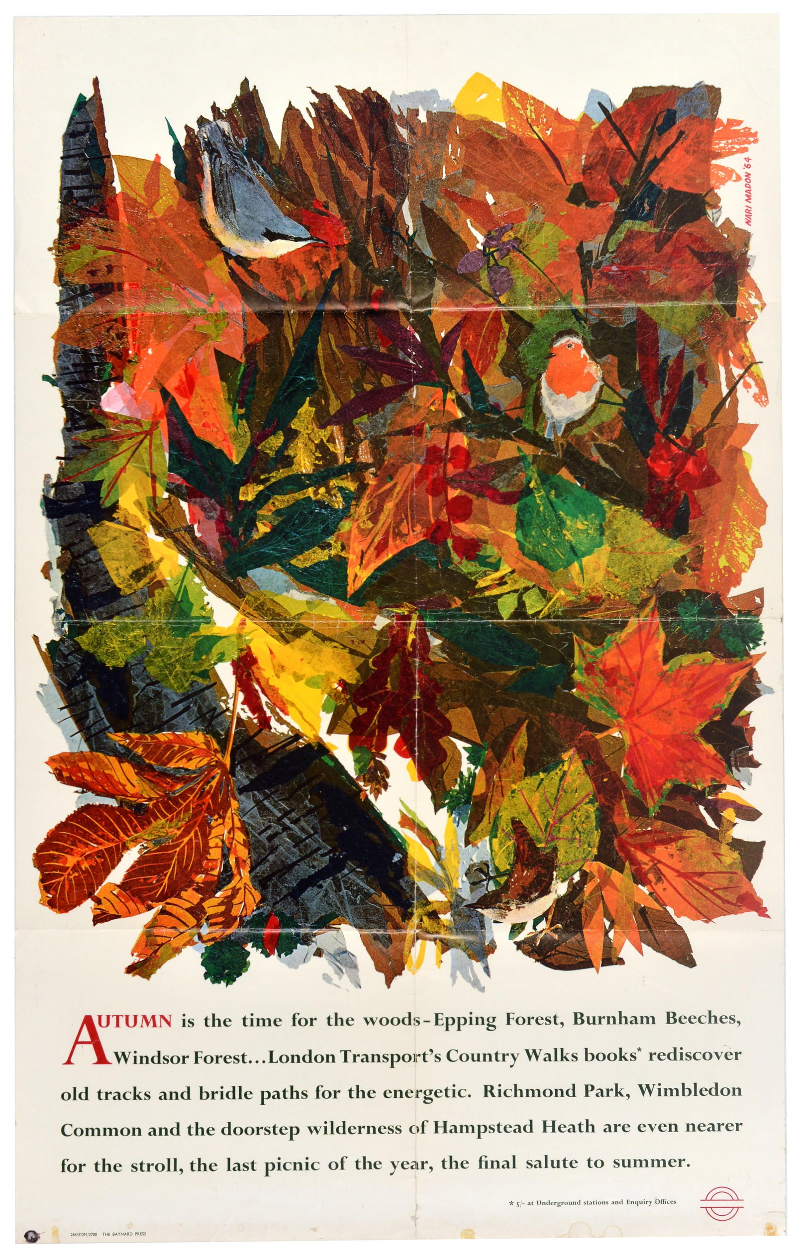 Travel Poster Autumn Leaves London Transport Underground Nari Madon: Original vintage London Transport travel poster, featuring a vibrant and artistic mid-century design depicting a dense arrangement of overlapping chestnut, oak, and maple leaves in rich shades of oran