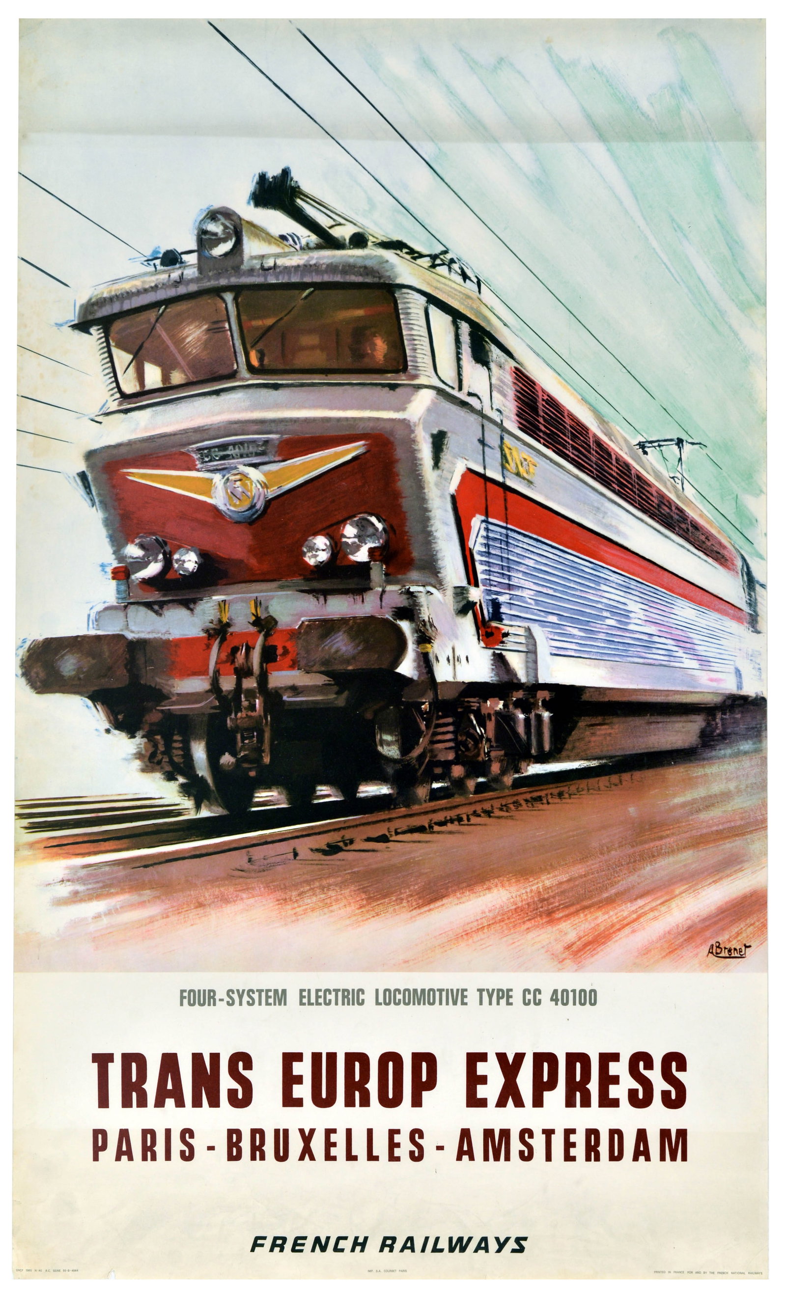 Travel Poster Trans Europe Express French Railways SNCF: Original vintage advertising poster for French Railways SNCF, promoting the high-speed Trans Europ Express (TEE) service, featuring a dynamic, low-angle perspective of the powerful CC 40100 multi-syst