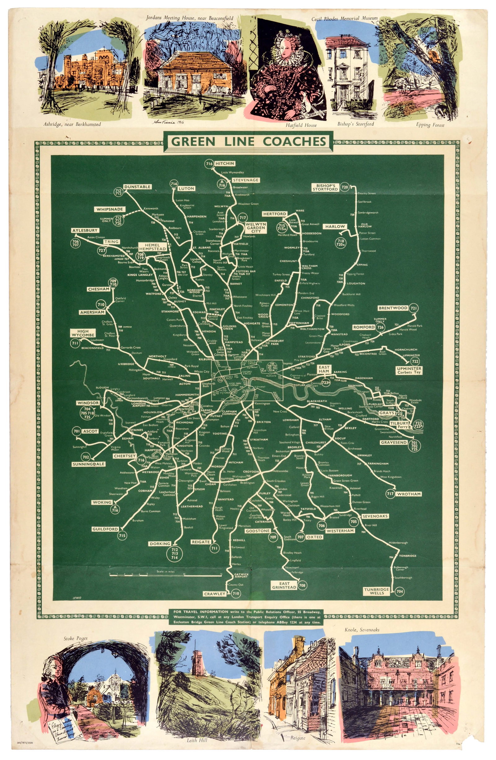 Travel Poster Green Line Coaches London Transport Map Finnie Lewis: Original vintage London Transport Green Line Coaches travel poster features a prominent central green map mapping out the comprehensive commuter coach routes connecting central London to outer destina