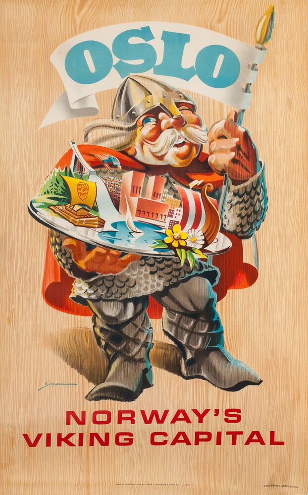 Travel Poster Oslo Norway Viking Capital Knut Yran: Original vintage travel poster - Oslo Norway's Viking Capital, featuring a charming mid-century graphic design by celebrated Norwegian artist Knut Yran (1920-1998) depicting a cheerful, stylised Vikin